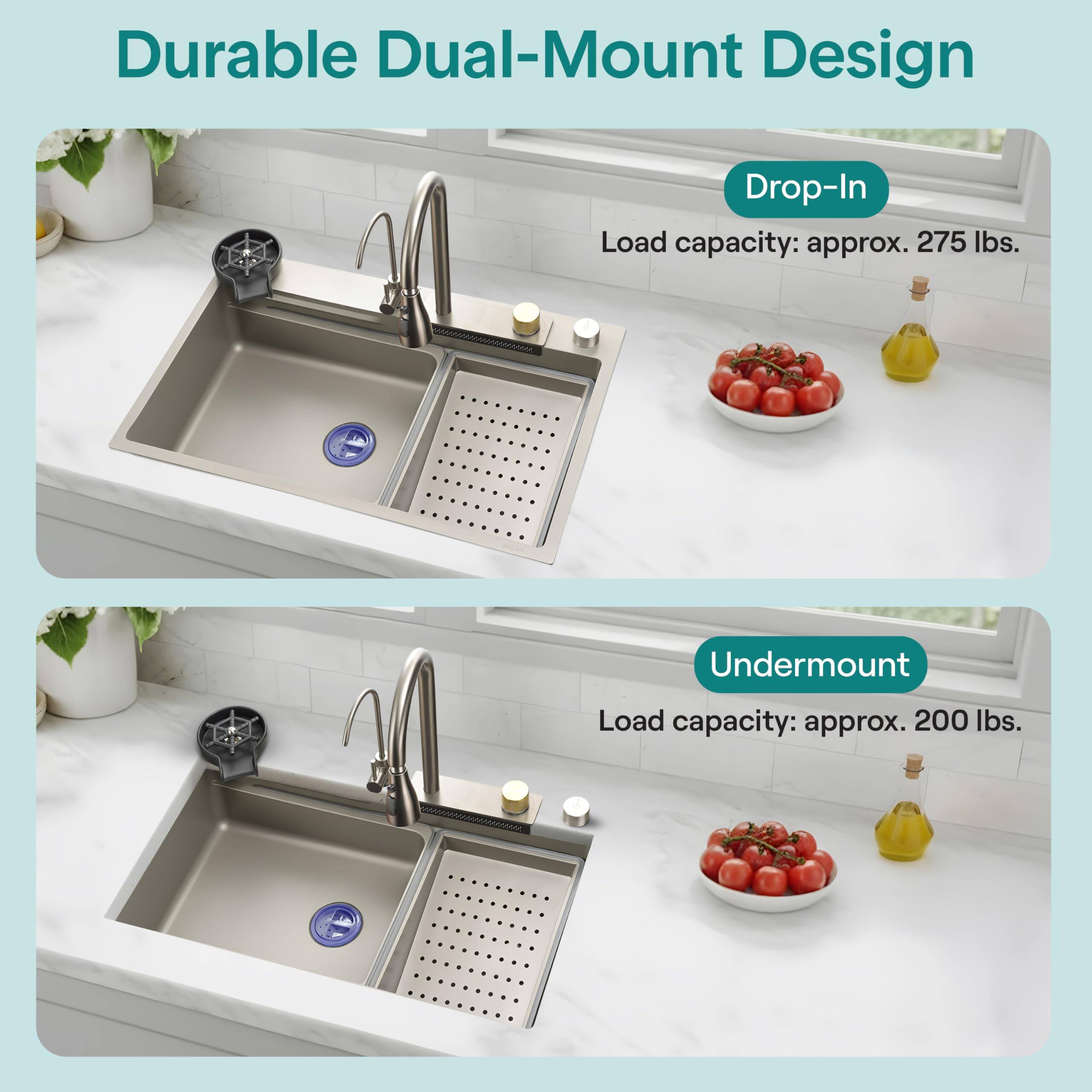 Durable Dual-Mount Design

Drop-In  
Load capacity: approx. 275 lbs.

Undermount  
Load capacity: approx. 200 lbs.