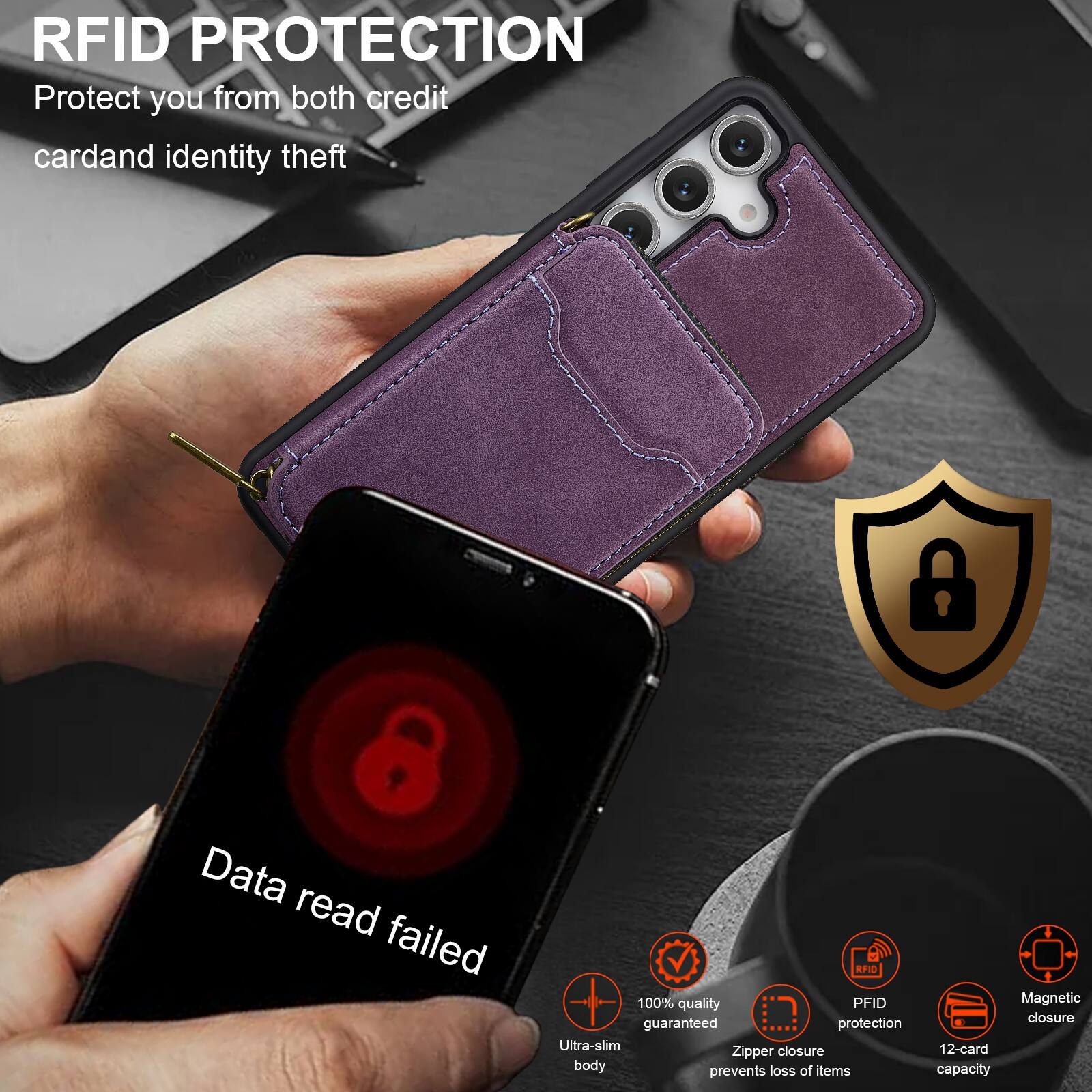 RFID PROTECTION  
Protect you from both credit card and identity theft  

Data read failed  

100% quality guaranteed protection  
Ultra-slim closure  
Zipper body prevents loss of items  
Magnetic closure  
12-card capacity  

RFID PROTECTION  
Protect you from both credit card and identity theft