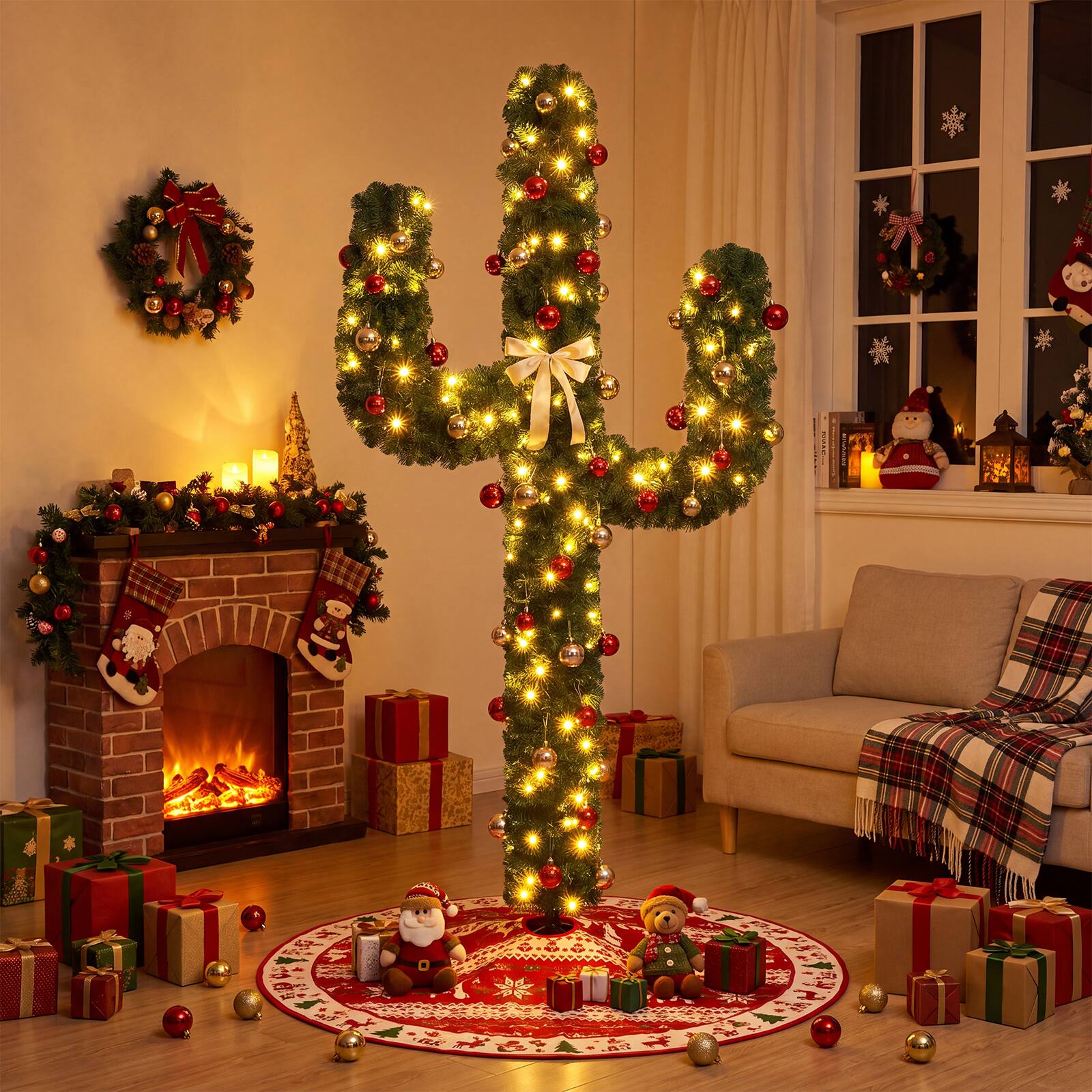 Gymax 7 FT Pre Lit Cactus Christmas Tree w/ 160 Warm White LED Lights ...