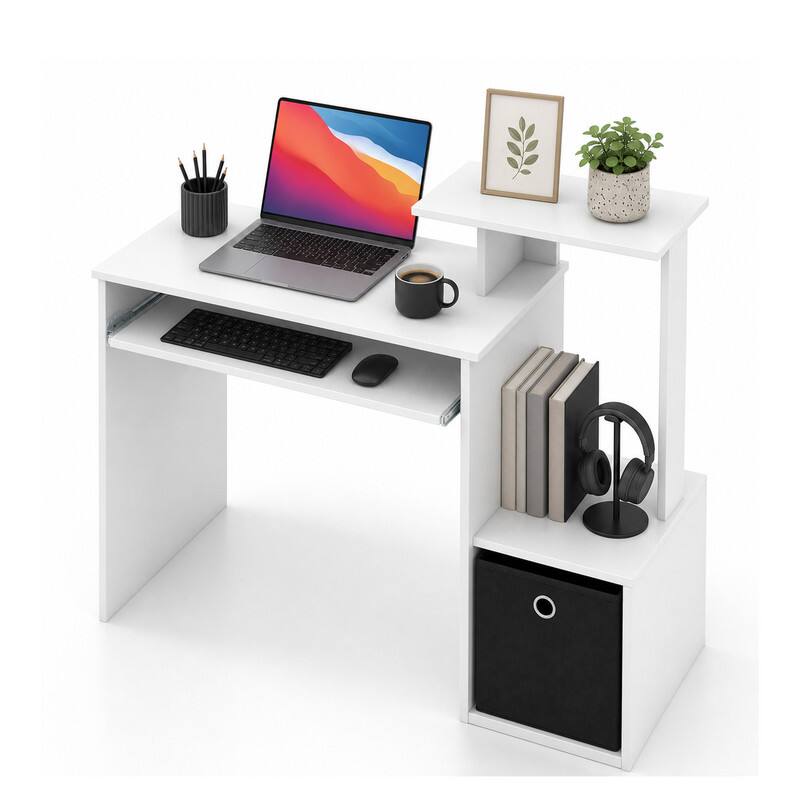 Left. WELLFOR - 39.5" Computer Desk with Pull-out Keyboard Tray, Home Office Desk with Open Shelf for Apartments,Small offices - White.