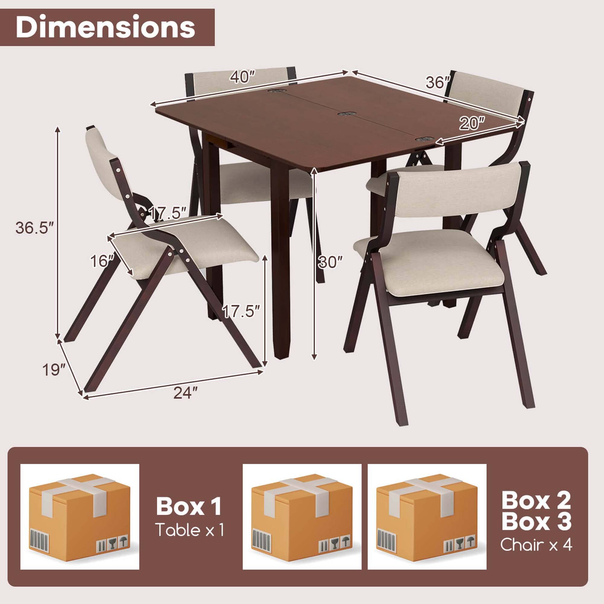 Dimensions:  
40" x 36" x 20"  
36.5" x 16" x 17.5"  
19" x 24" x 30"  

Box 1: Table x 1  
Box 2: Box 3  
Box 3: Chair x 4