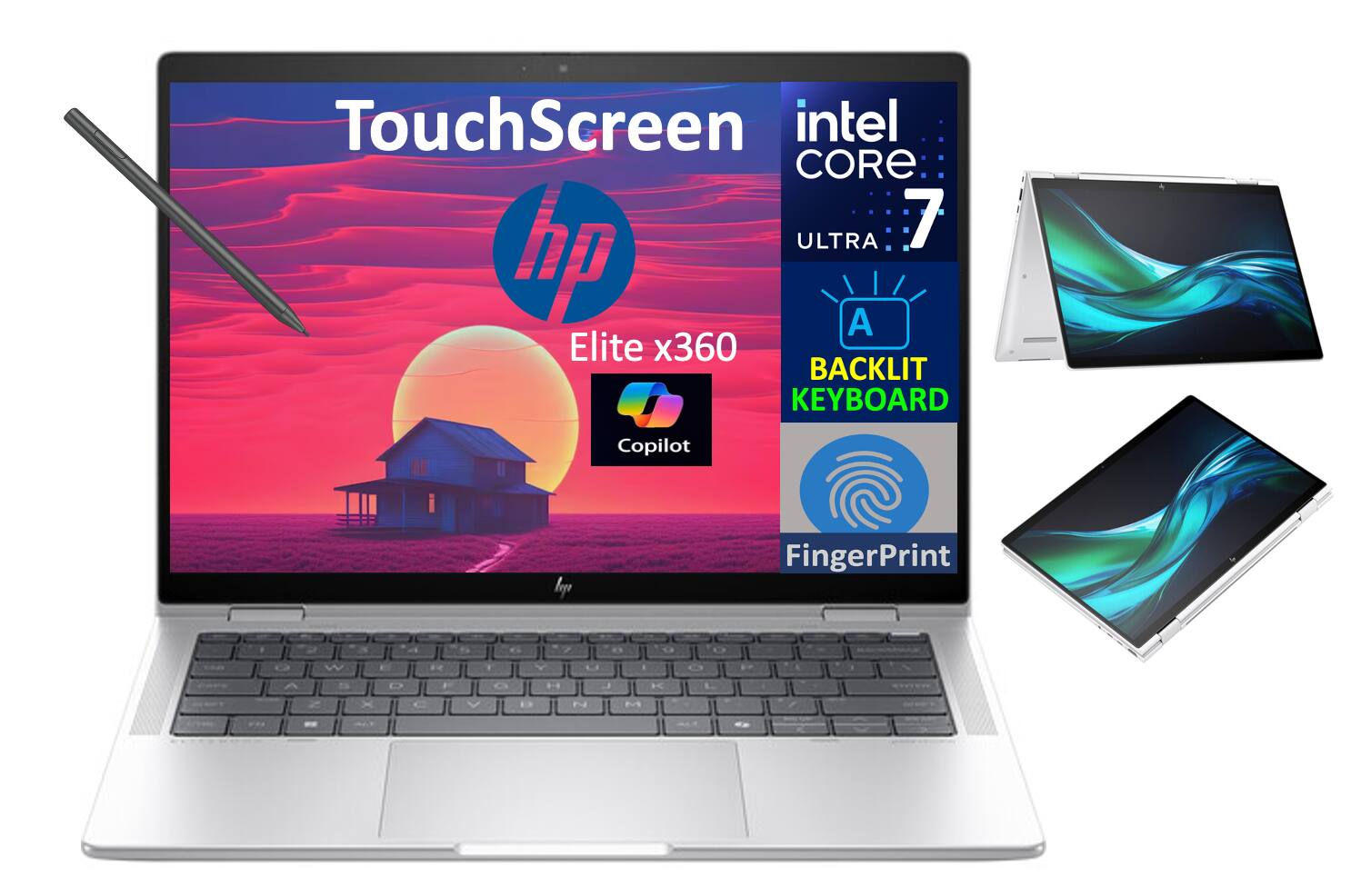 TouchScreen  
Intel Core i7  
HP Elite x360  
Ultra A  
Backlit Keyboard  
Copilot  
FingerPrint
