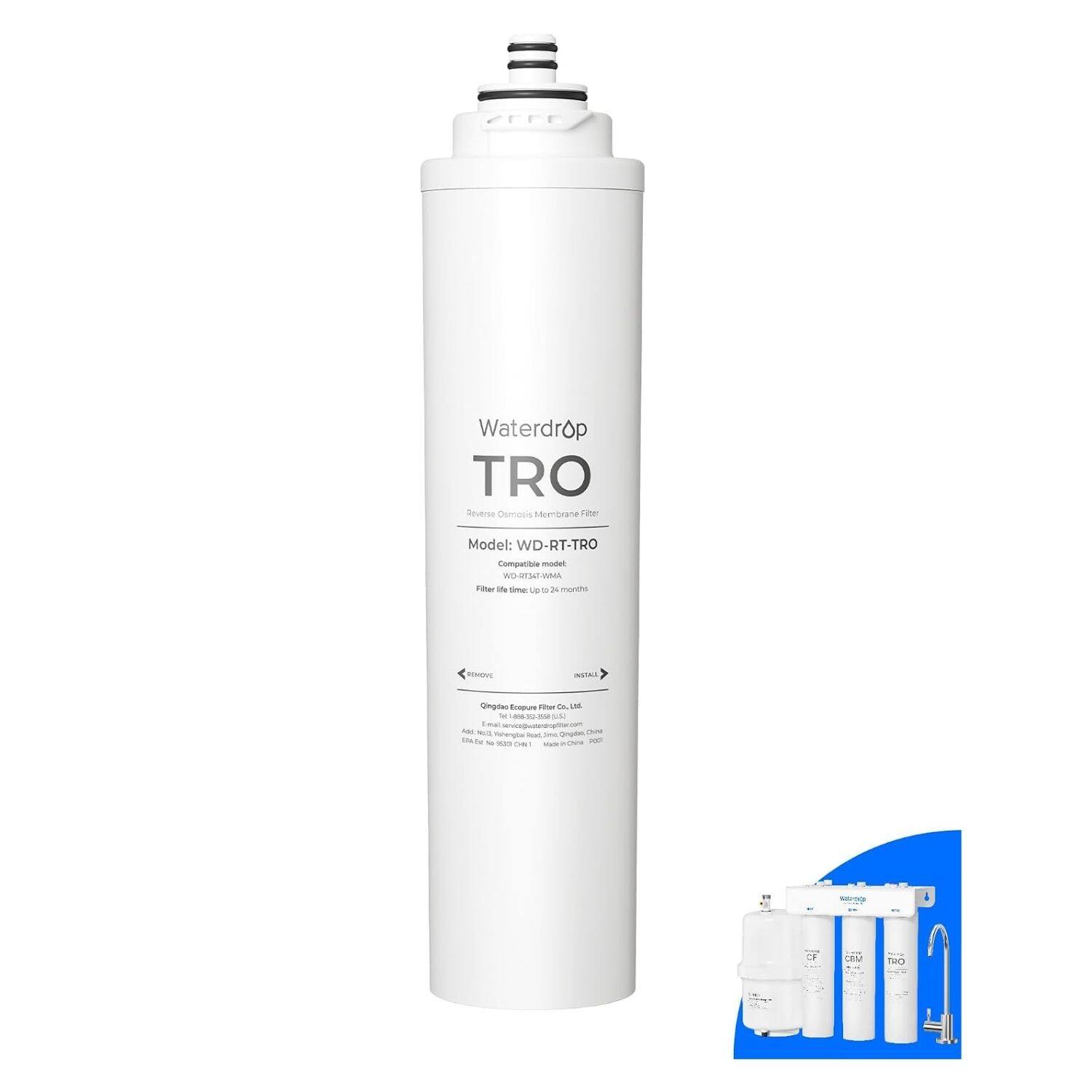 Waterdrop TRO Reverse Osmosis Membrane Filter  
Model: WD-RT-TRO  
Compatible model: AMW-TALTS-QW  
Filter life time: Up to 24 months  

REMOVE  
INSTALL  

Qingdaco Ecopure Fiber Co., Ltd.  
Add: 5160, No. 2032, Chongqing, China  

OF  
CBW  
BOCKS TRO  
COMICS