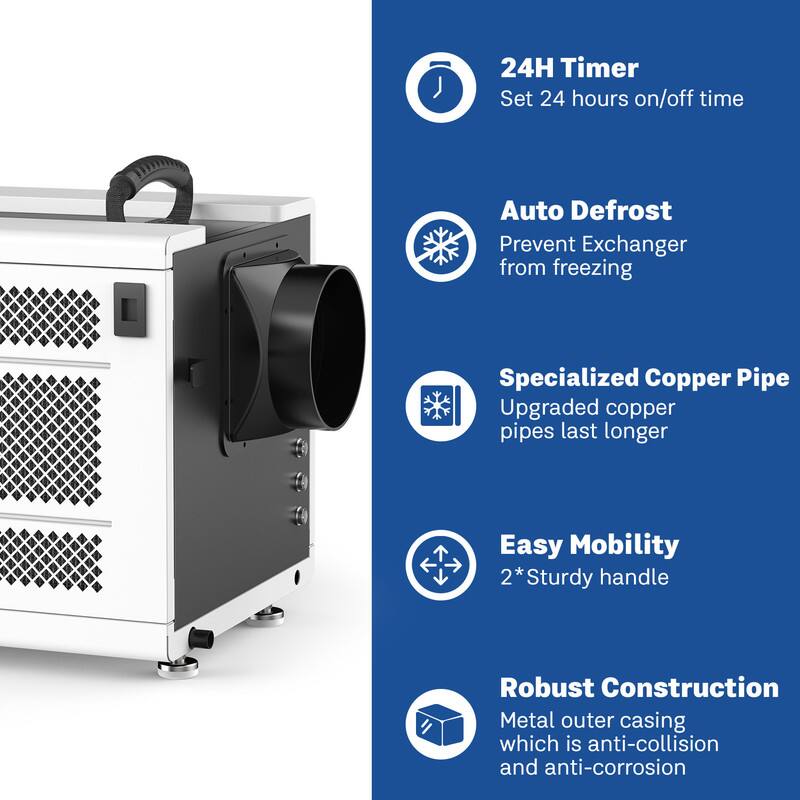 - **24H Timer**  
  Set 24 hours on/off time

- **Auto Defrost**  
  Prevent Exchanger from freezing

- **Specialized Copper Pipe**  
  Upgraded copper pipes last longer

- **Easy Mobility**  
  2* Sturdy handle

- **Robust Construction**  
  Metal outer casing which is anti-collision and anti-corrosion