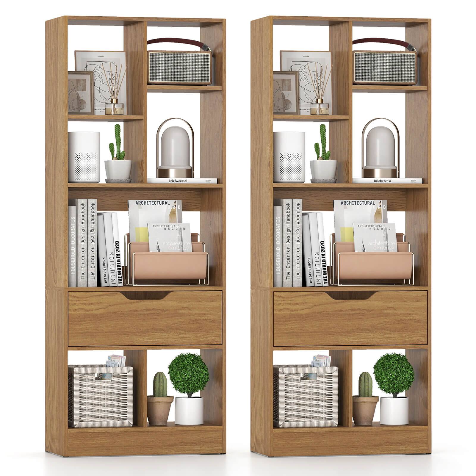 Costway - 2 PCS 51" Tall Bookcase with Drawer 7 Open Cubes Anti-toppling Kits for Study Home - Natural