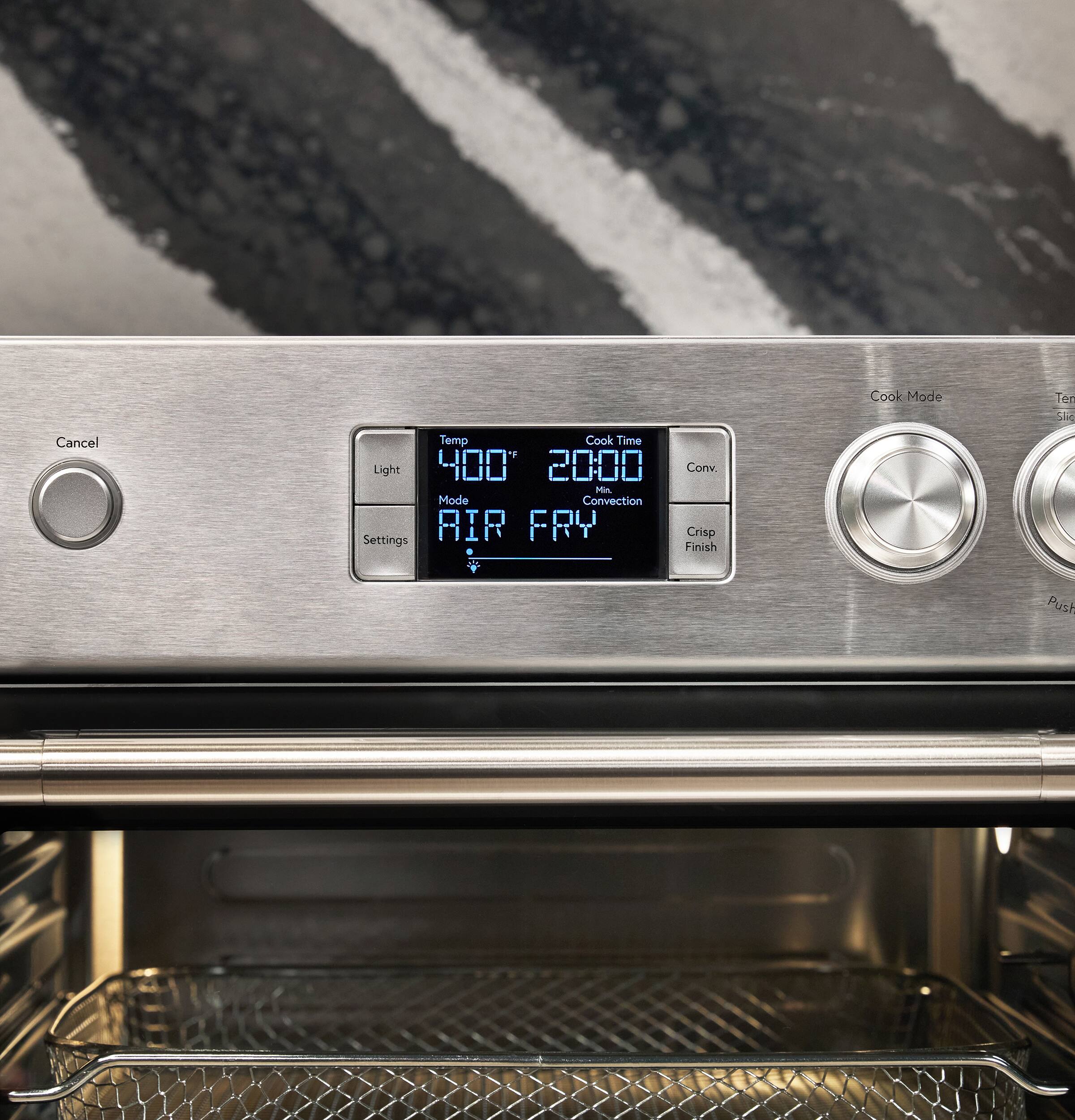 Cook Mode  
Ten Slice  
Cancel  
Temp 400°  
Cook Time 20:00 Min.  
Mode Convection Settings  
AIR FRY  
Conv. Crisp Finish  
Push