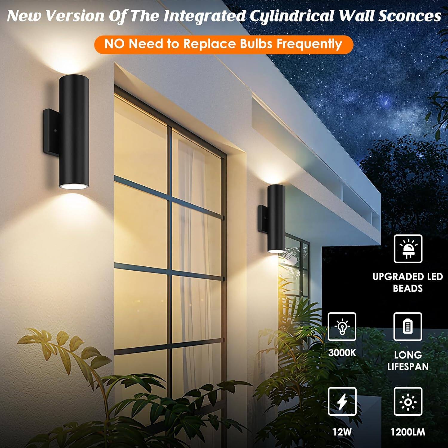 New Version of The Integrated Cylindrical Wall Sconces  
NO Need to Replace Bulbs Frequently  

- UPGRADED LED BEADS  
- 3000K  
- LONG LIFESPAN  
- 12W  
- 1200LM
