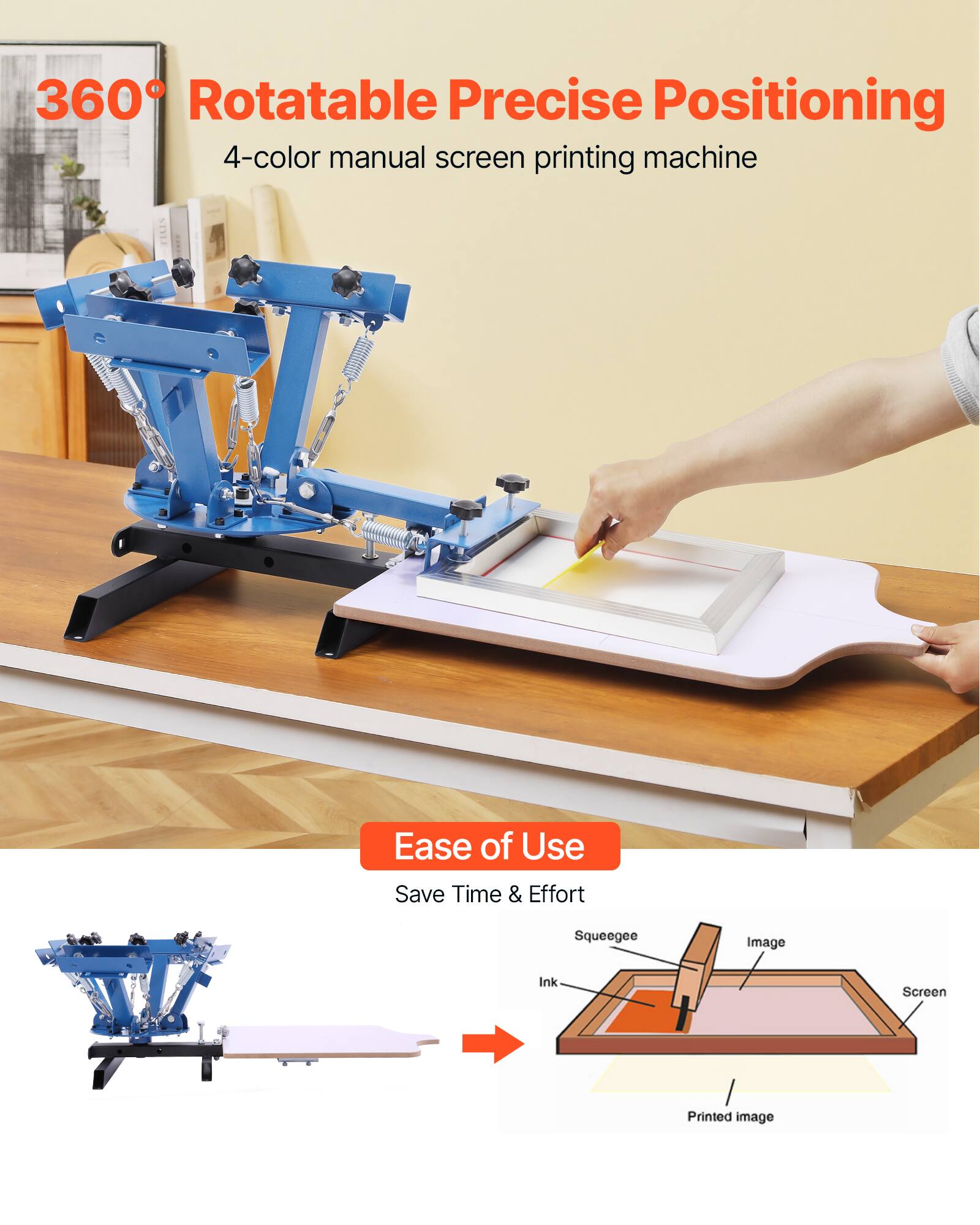 360° Rotatable Precise Positioning  
4-color manual screen printing machine  

Ease of Use  
Save Time & Effort  

Squeegee  
Image  
Ink  
Screen  
Printed image