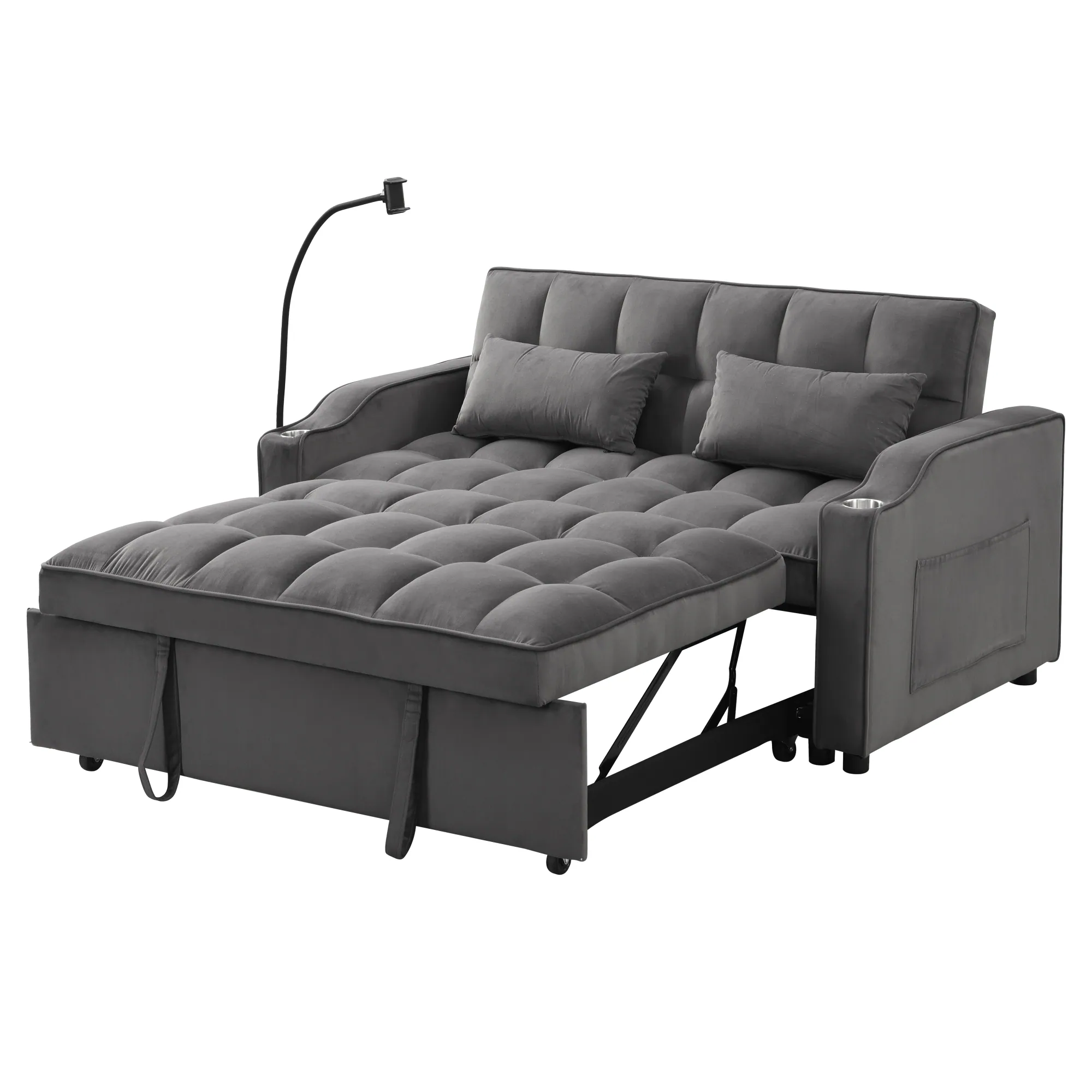 Alt View 7. GOODSILO - Convertible Velvet Sofa Bed with Adjustable Backrest, USB Ports, and Storage Pockets for Compact Living Spaces - Dark Grey.