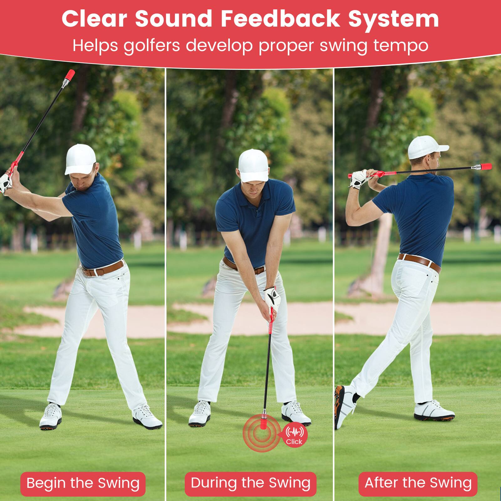 Clear Sound Feedback System  
Helps golfers develop proper swing tempo

- Begin the Swing
- During the Swing
- After the Swing