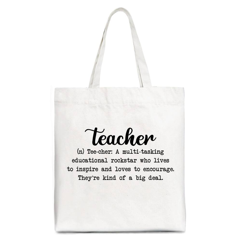 OrnamentallyYou - Teacher Definition Canvas Tote Bag, Inspirational Quote Gift Shopper for Educators - White