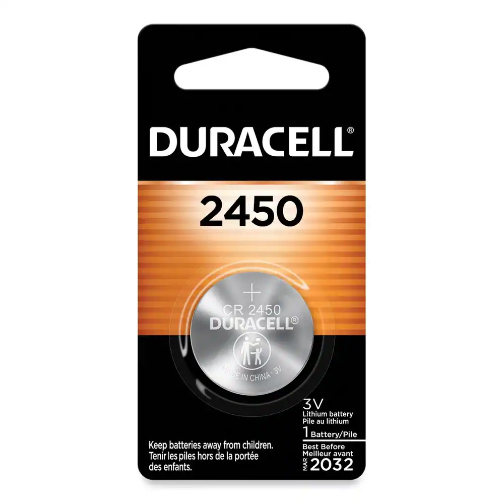 DURACELL  
2450  

CR 2450  
DURACELL  
MADE IN CHINA  
3V  

3V Lithium battery  
Pile au lithium  

1 Battery/Pile  
Best Before  
Meilleur avant  
MAR 2032  

Keep batteries away from children.  
Tenir les piles hors de la portée des enfants.