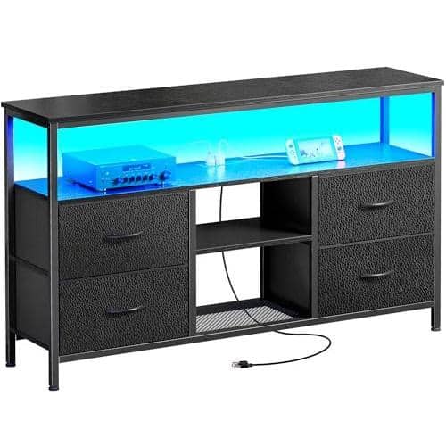 Hirose Alice - Tv Stand Dresser With Power Outlets And Led Lights 4 Drawers Entertainment Center Open Shelf Media Console For - Black-43.3 Inches