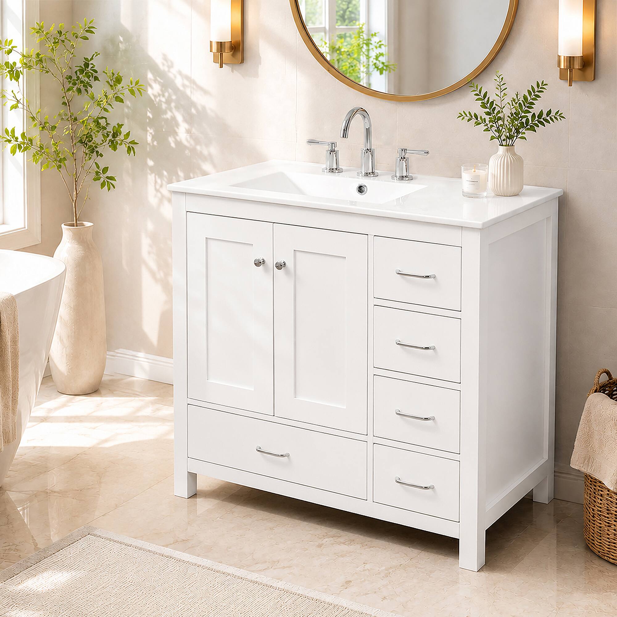 Left. JUJABU - 36" White Bathroom Vanity with Ceramic Sink, 2 Soft-close Doors and 5 Drawers - White.