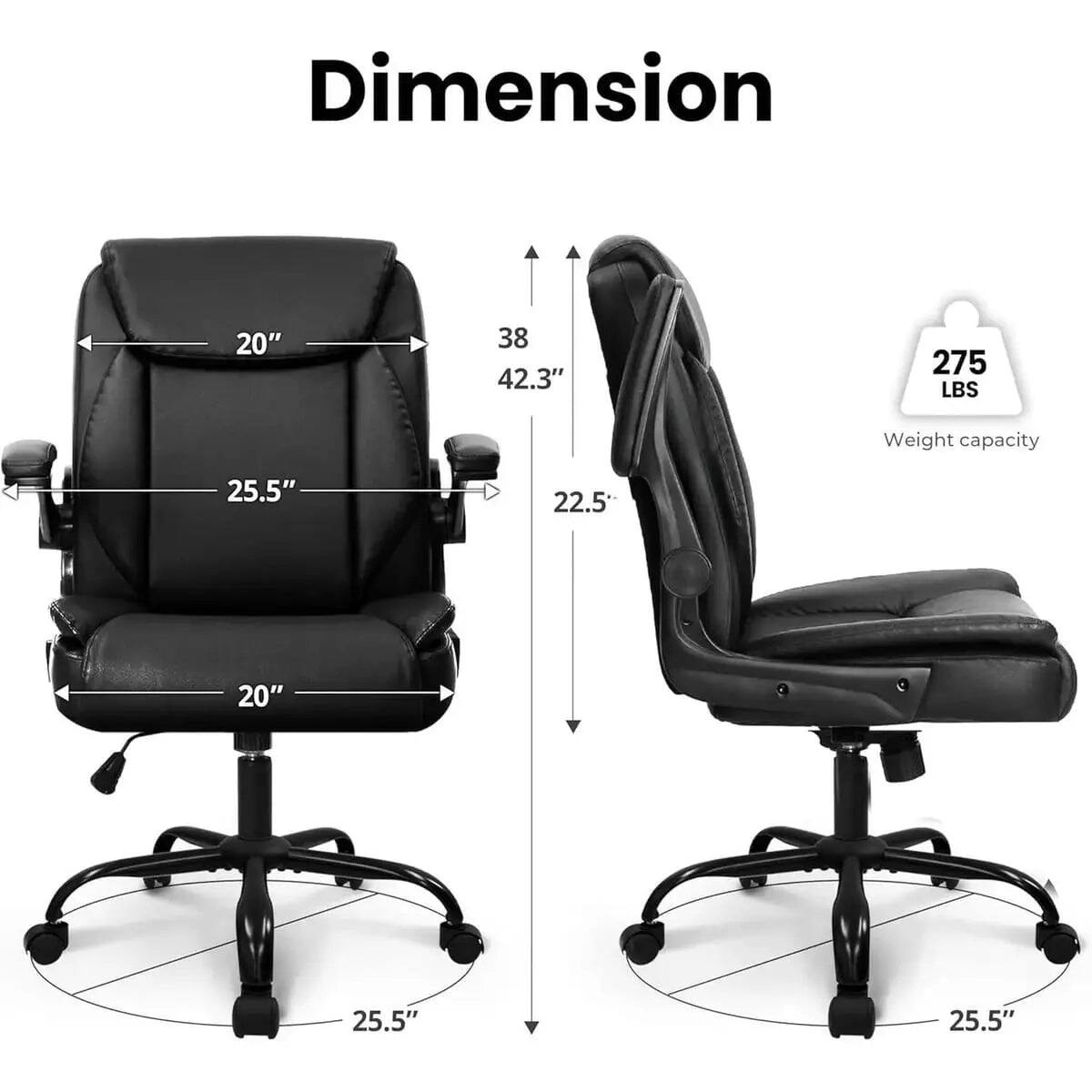 Dimension: 20" x 38" x 42.3"  
Weight capacity: 275 LBS  
Dimensions: 25.5" x 22.5" x 20" x 25.5" x 25.5"