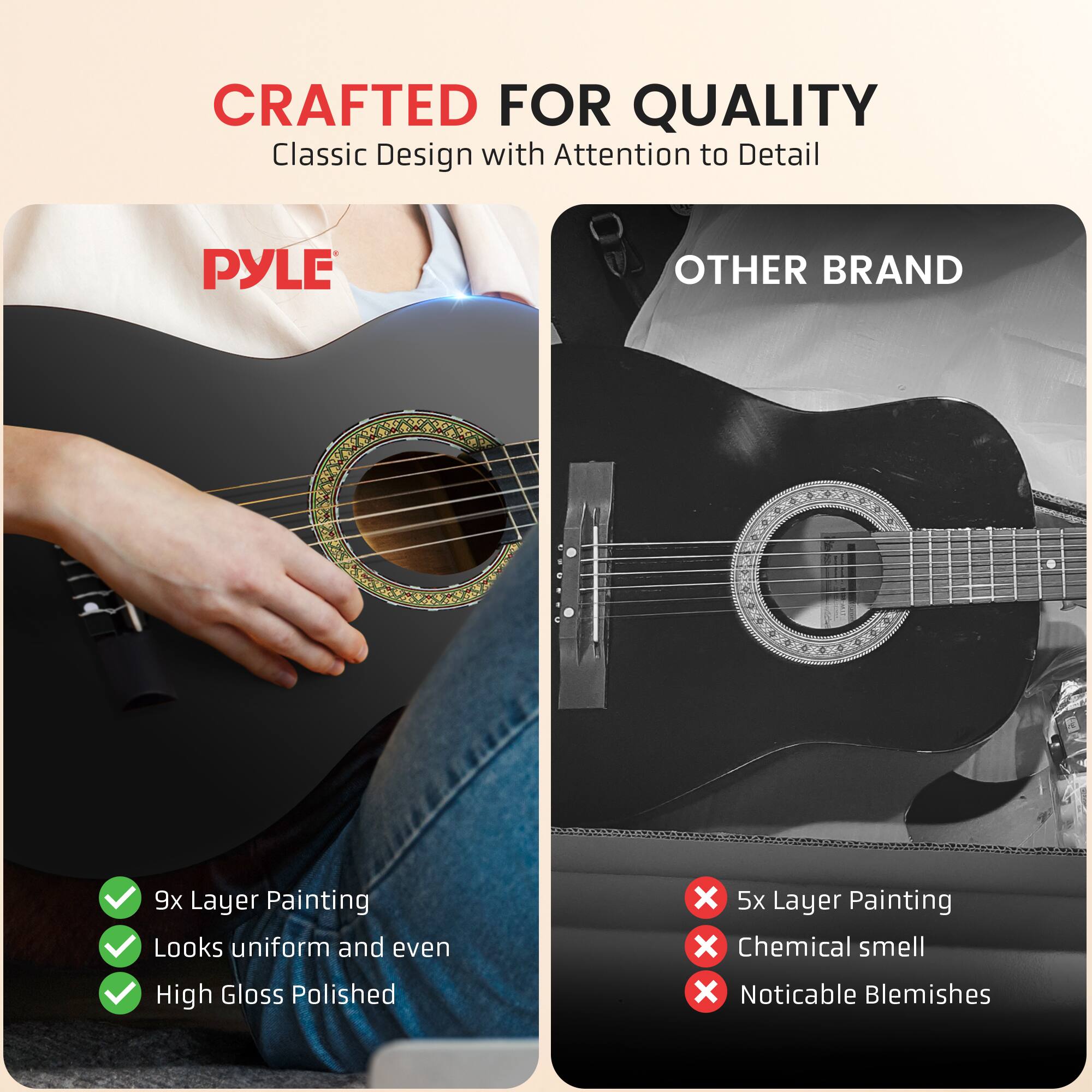 CRAFTED FOR QUALITY  
Classic Design with Attention to Detail  

PYLE  
- 9x Layer Painting  
- Looks uniform and even  
- High Gloss Polished  

OTHER BRAND  
- 5x Layer Painting  
- Chemical smell  
- Noticable Blemishes