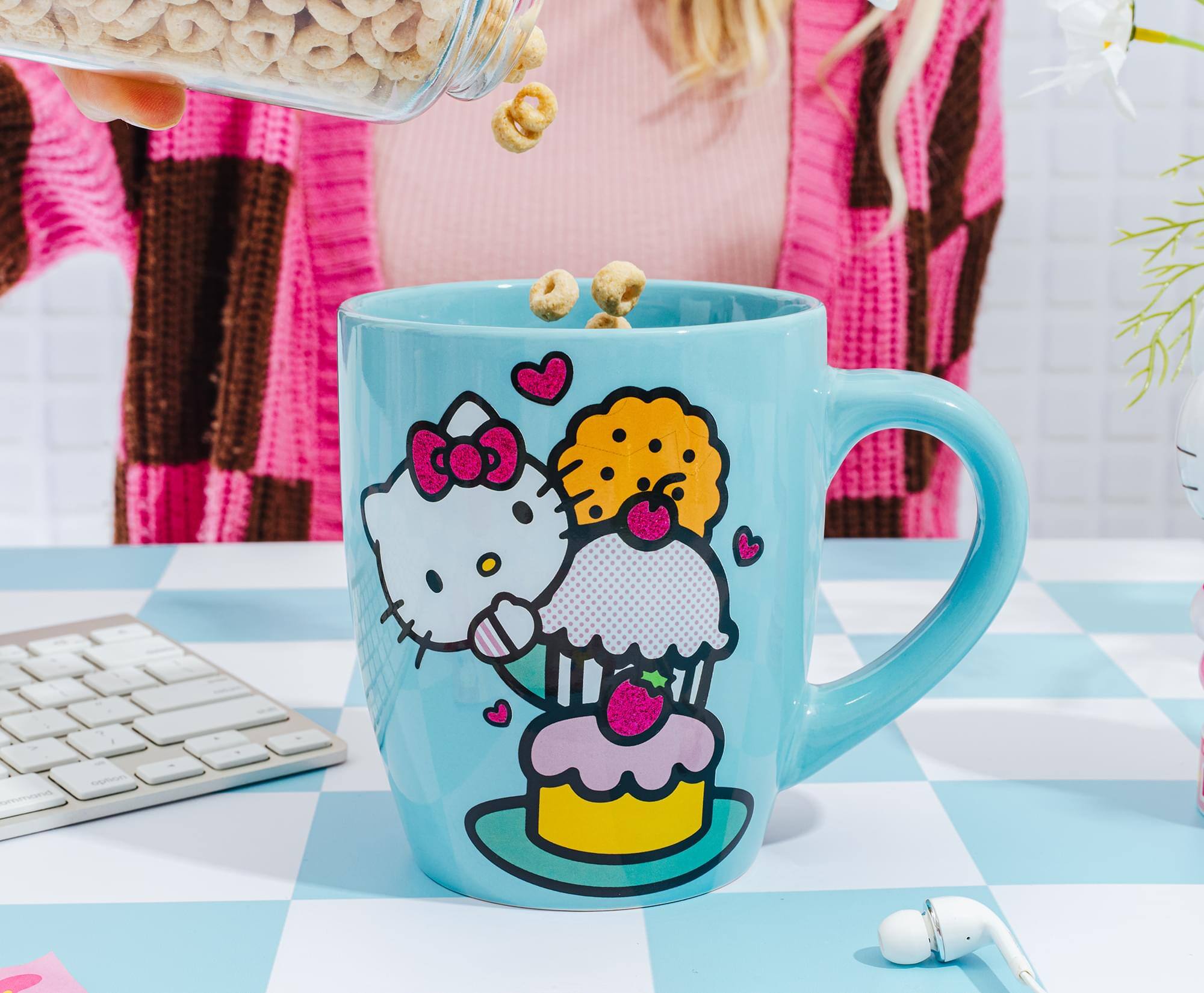 Alt View 2. Silver Buffalo - Sanrio Hello Kitty Stacked Sweets Ceramic Glitter Latte Mug | Holds 25 Ounces - Blue.