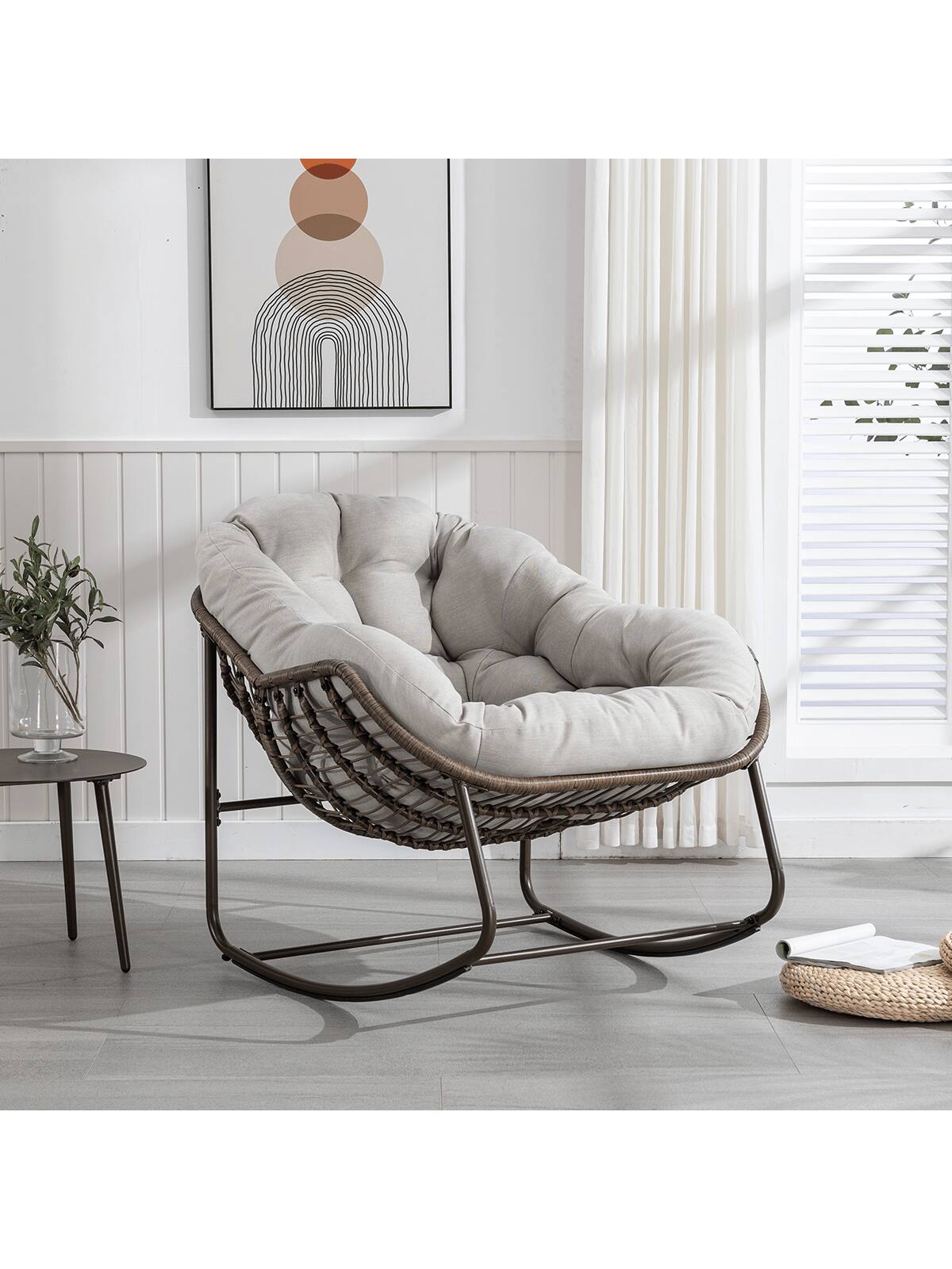 Alt View 2. Trinkets Crazed - Outdoor Patio Rocking Chair, Comfy Wicker Rocker Chair With Padded Cushion, Oversized Rattan Papasan Egg Chair - Beige.