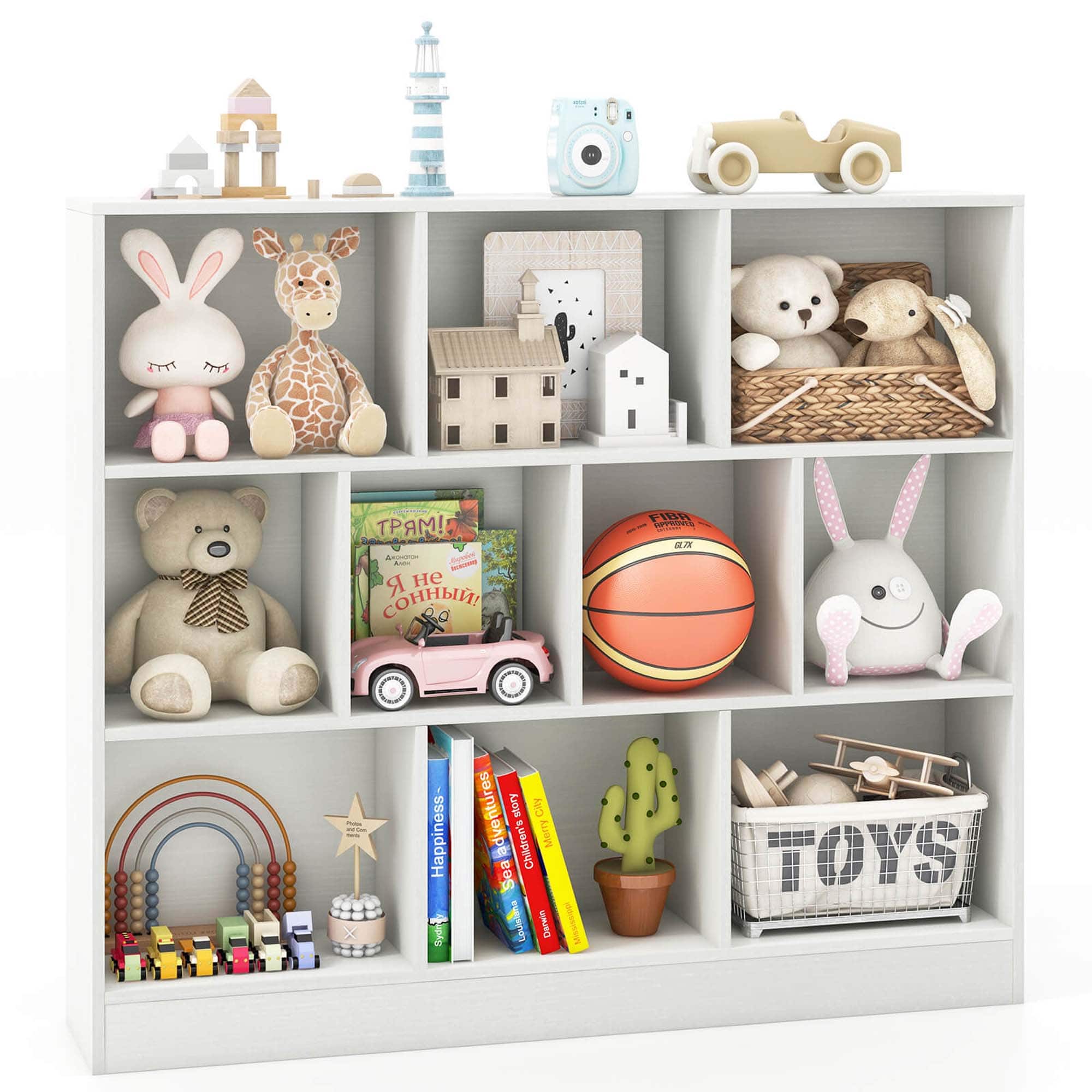 Costway - 10-Cube Bookcase for Kids 41"Wooden Toy Storage Organizer for Kid’s Room - White