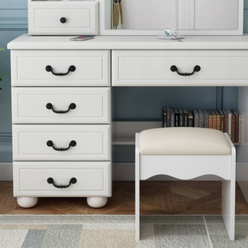 Back. LUCKY ONE - Vanity Desk with Lighted Mirror, 3-Color Adjustable LED and 6 Drawers for Bedroom - White.