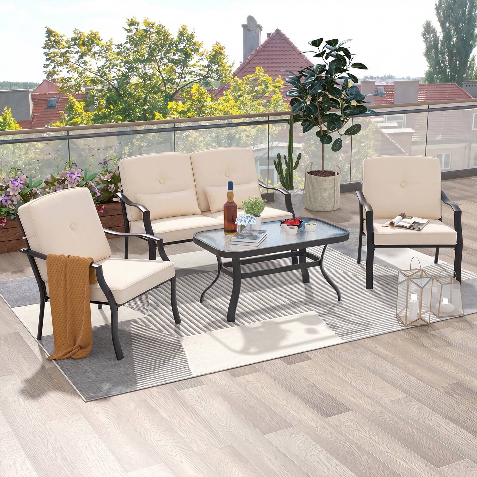Alt View 4. Costway - Costway 4 PCS Patio Metal Chairs Outdoor Dining Seat Heavy Duty with Cushions Garden - Beige.