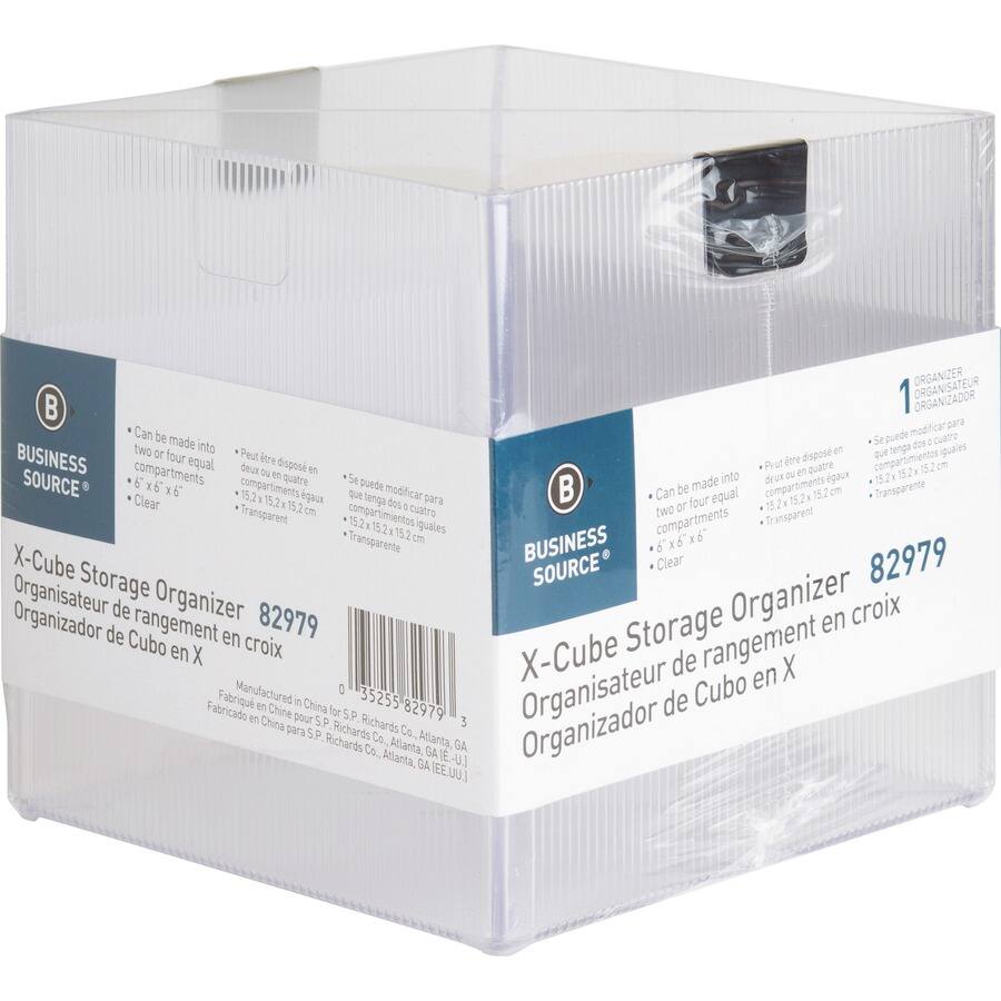 **BUSINESS SOURCE®**

**X-Cube Storage Organizer 82979**

**Organisateur de rangement en croix**

**Organizador de Cubo en X**

- Can be made into two or four equal compartments
  - 5" x 6" x 6"
  - Transparent

- Peut être disposé en deux ou en quatre compartiments égaux
  - 15,2 x 15,2 x 15,2 cm
  - Transparent

- Se puede modificar para que tenga 2 o 4 compartimentos iguales
  - 15,2 x 15,2 x 15,2 cm
  - Transparente

Manufactured in China for S.P. Richards Co., Atlanta, GA

Fabricué en Chine pour S.P. Richards Co., Atlanta, GA

Fabricado en China para S.P. Richards Co., Atlanta, GA

**1 ORGANIZER**

**ORGANISATEUR**

**ORGANIZADOR**

**0 35255 82979 3**