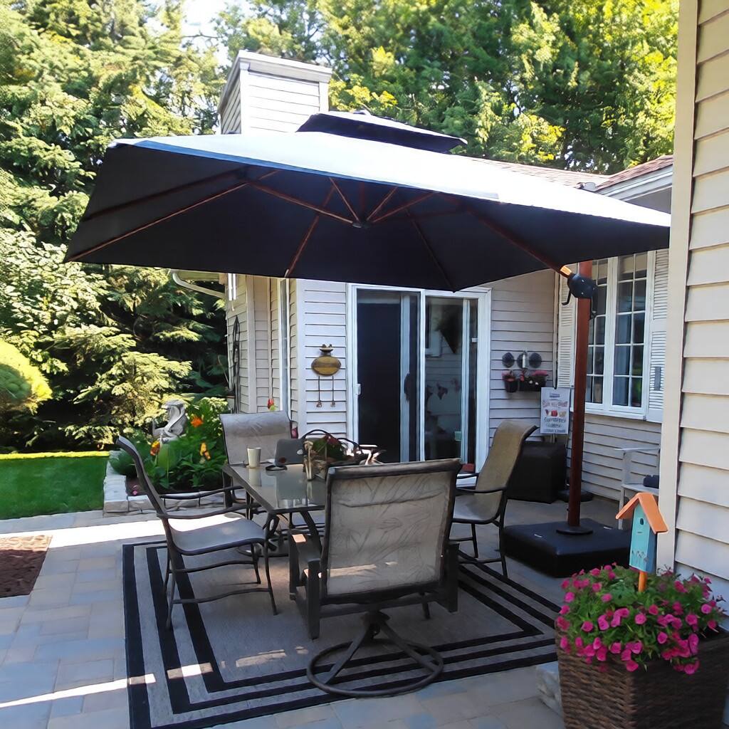 Left. PURPLE LEAF - 10 ft. Patio Square Outdoor Large Cantilever Umbrella Windproof Offset Heavy Duty Sun Umbrella with Base for Garden - Navy Blue.