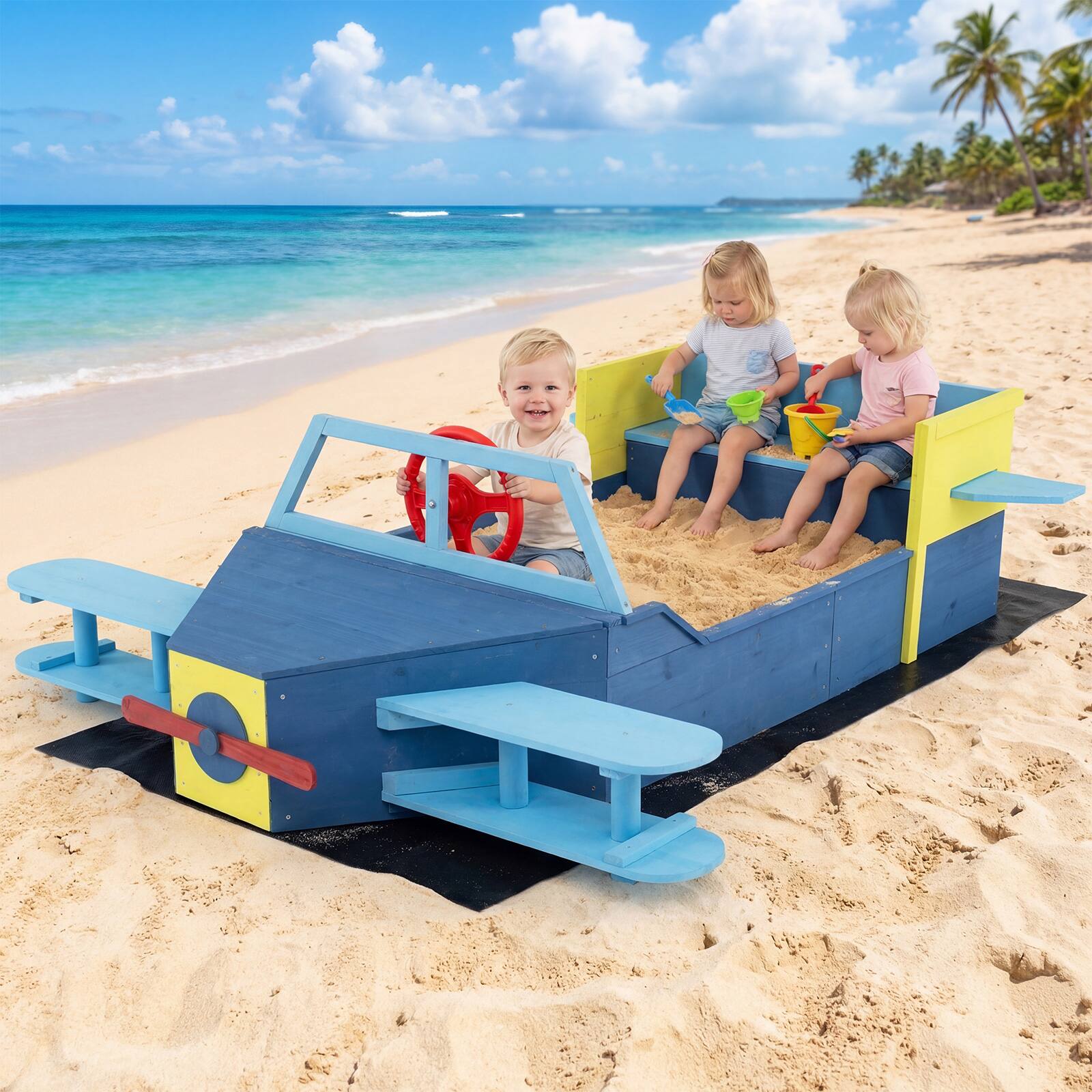 Alt View 1. Costway - Costway Large Wooden Kids Sandbox with Bottom Liner, Glider-Shape Outdoor Sand Box - Blue.