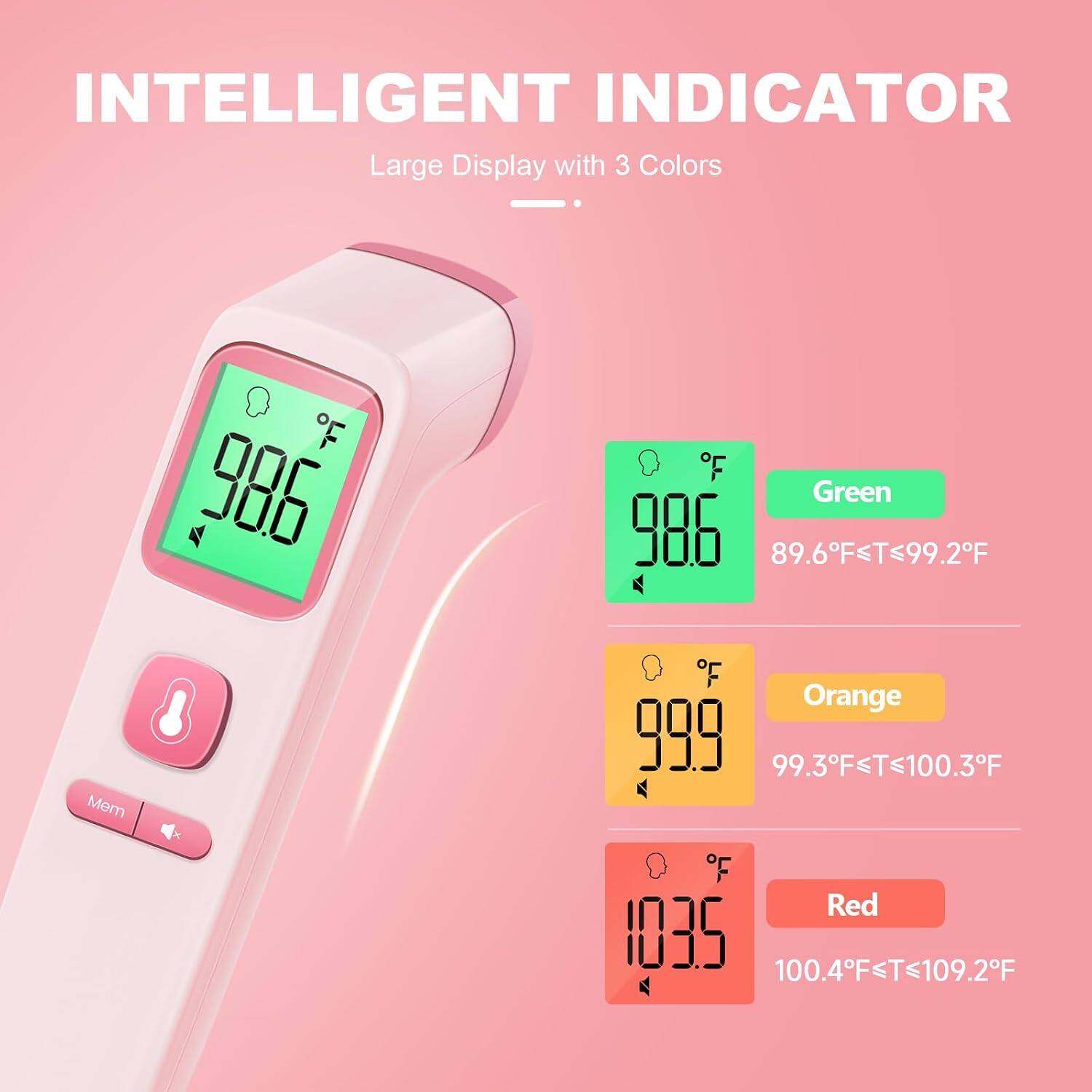 INTELLIGENT INDICATOR  
Large Display with 3 Colors

Green 89.6°F < T ≤ 99.2°F  
Orange 99.3°F < T ≤ 100.3°F  
Red 100.4°F < T ≤ 109.2°F