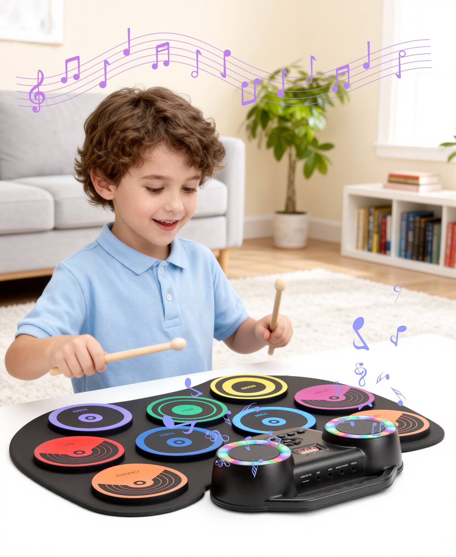 Alt View 4. Sugift - Colorful Roll-Up Electronic Drum Set with Flashing Lights, Dual Speakers & Headphone Jack for Kids - Black.
