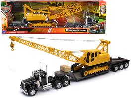 Kenworth W900 Truck with Lowboy Trailer Black and Crane Yellow "Long Haul Trucker" Series 1/32 Diecast Model by New Ray - Black And Yellow