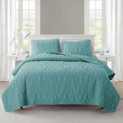 Front. Hivvago - King Coastal Beach Starfish Seashell Seahorse Aqua Blue Teal 3-Piece Quilt Set - Aqua Blue.