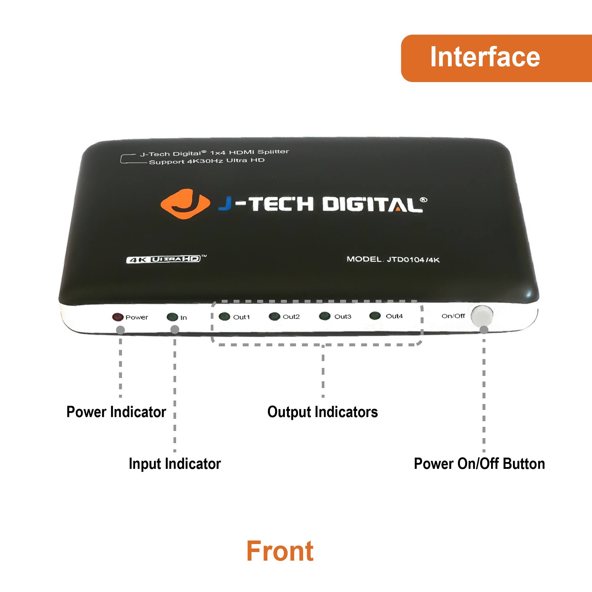 **Interface**

- **J-Tech Digital** 1x4 HDMI Splitter
- Support 4K30Hz Ultra HD
- MODEL JTD0104/4K

**Front**

- Power Indicator
- Input Indicator
- Output Indicators (Out1, Out2, Out3, Out4)
- Power On/Off Button