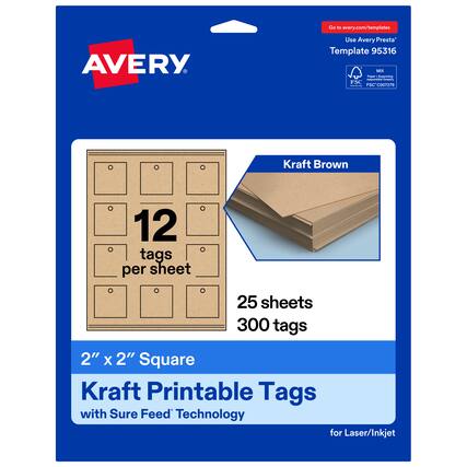 Go to avery.com/templates
Use Avery Presta Template 95316
Kraft Brown
12 tags per sheet
25 sheets
300 tags
2" x 2" Square Kraft Printable Tags with Sure Feed Technology for Laser/Inkjet