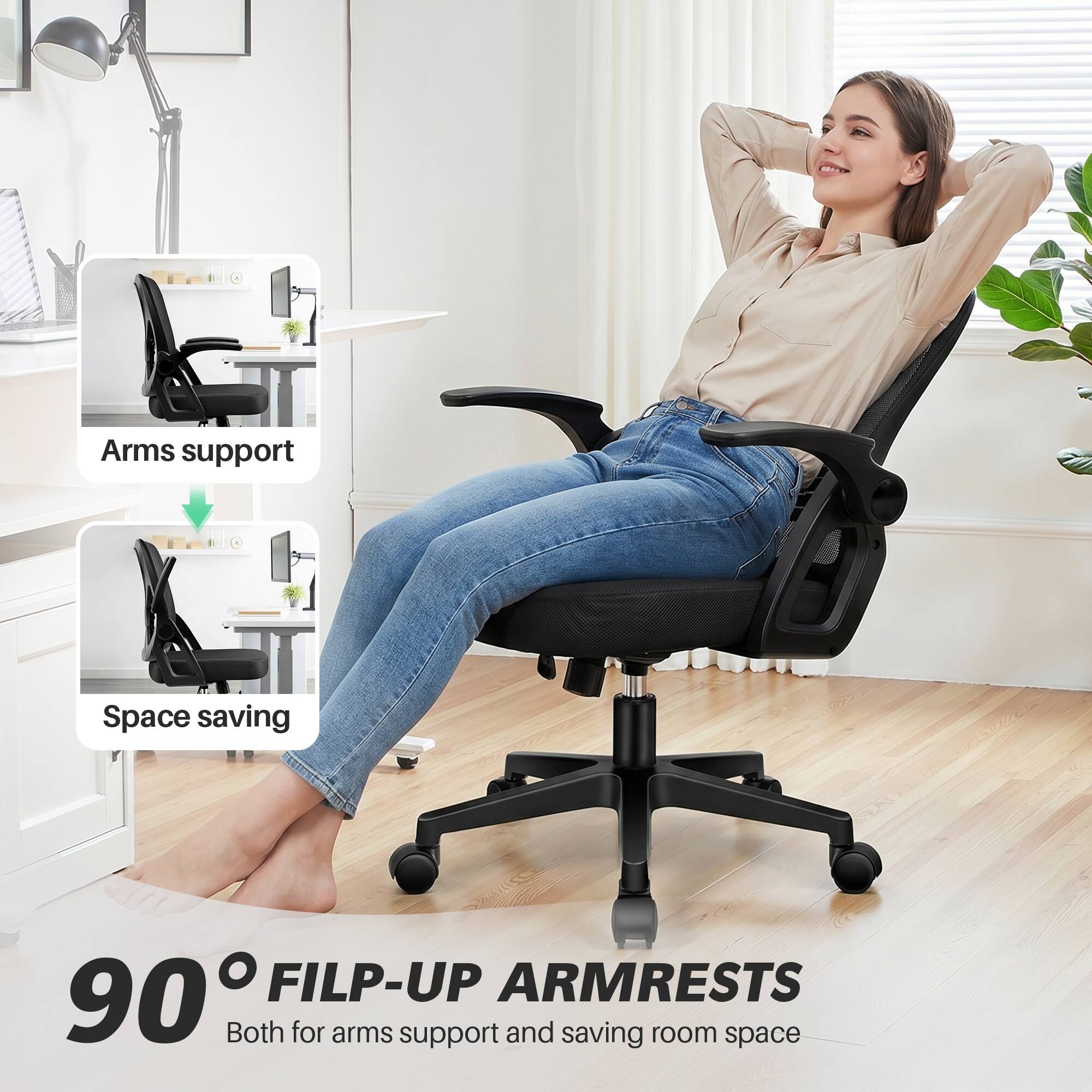 Arms support  
Space saving  

90° FILP-UP ARMRESTS  
Both for arms support and saving room space