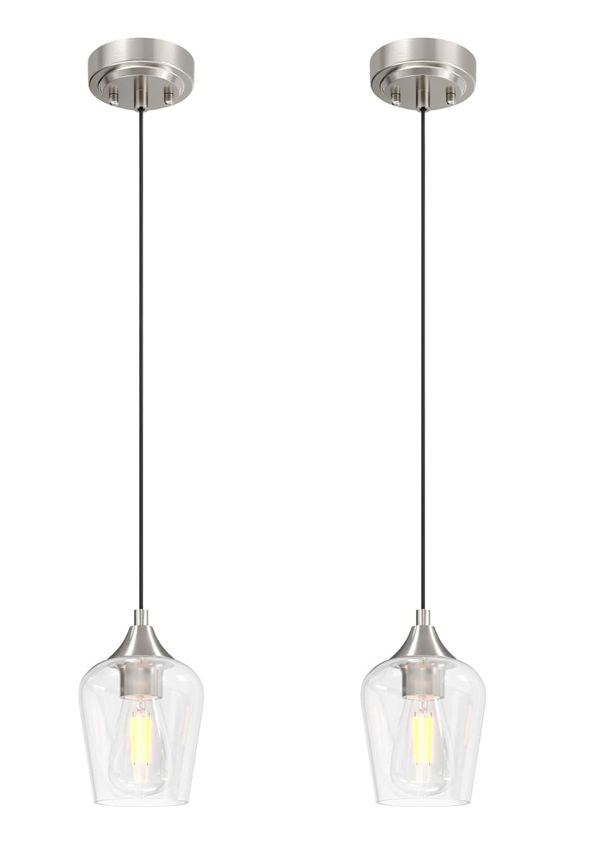 FINEAK - Brushed Modern Pendant Lights - 2 Pack with Glass Shade, E26 Base & Adjustable Cable - Nickel