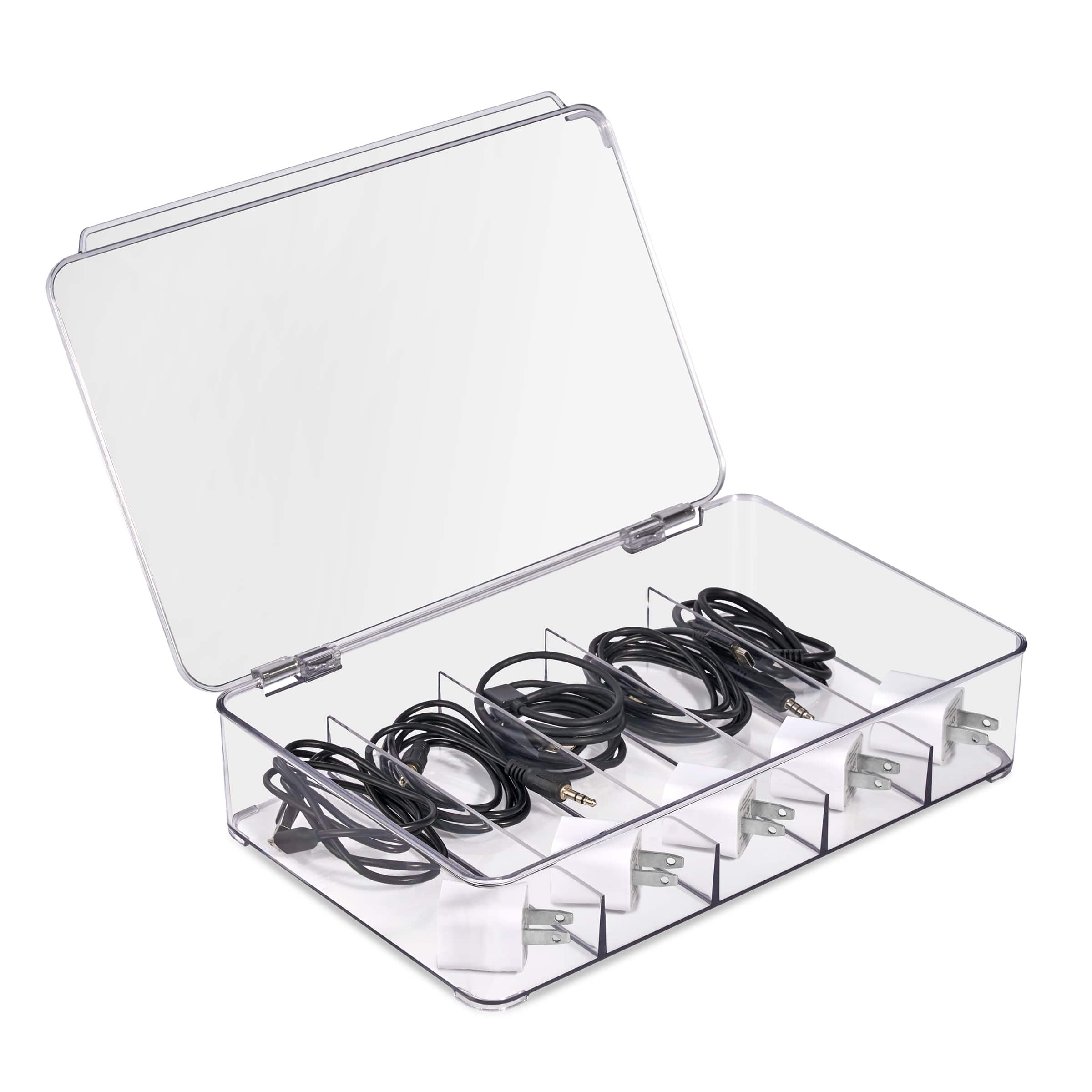 Sorbus - Clear Cable Organizer Storage Box – Durable Plastic Wire Management Box with Hinged Lid For Chargers, Cords - Clear 1 Pack