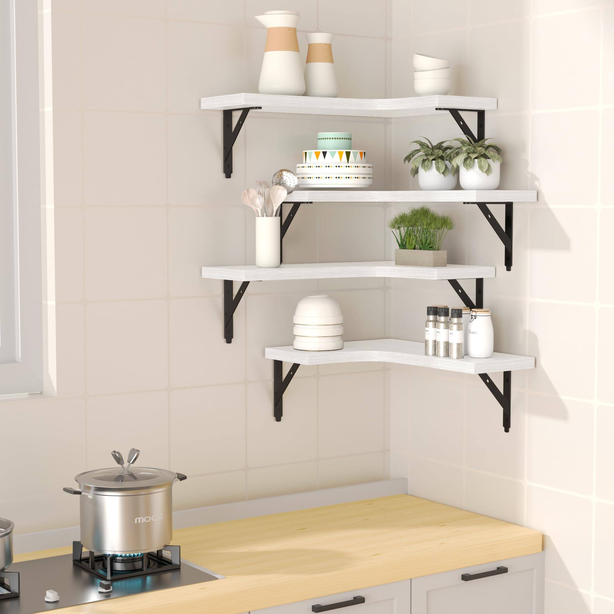 Angle. Dazzed Corner - Corner Floating Shelves Wall Mounted Set of 4 - White.