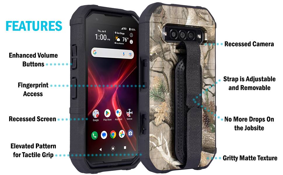 FEATURES  
- Enhanced Volume Buttons  
- Fingerprint Access  
- Recessed Screen  
- Elevated Pattern for Tactile Grip  
- Recessed Camera  
- Strap is Adjustable and Removable  
- No More Drops On the Jobsite  
- Gritty Matte Texture
