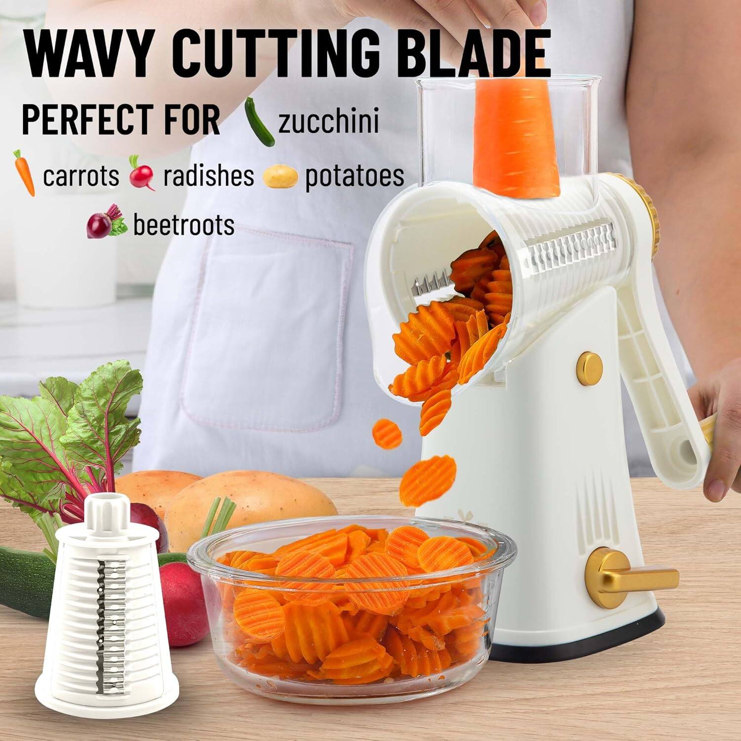 WAVY CUTTING BLADE  
PERFECT FOR  
- zucchini  
- carrots  
- radishes  
- potatoes  
- beetroots
