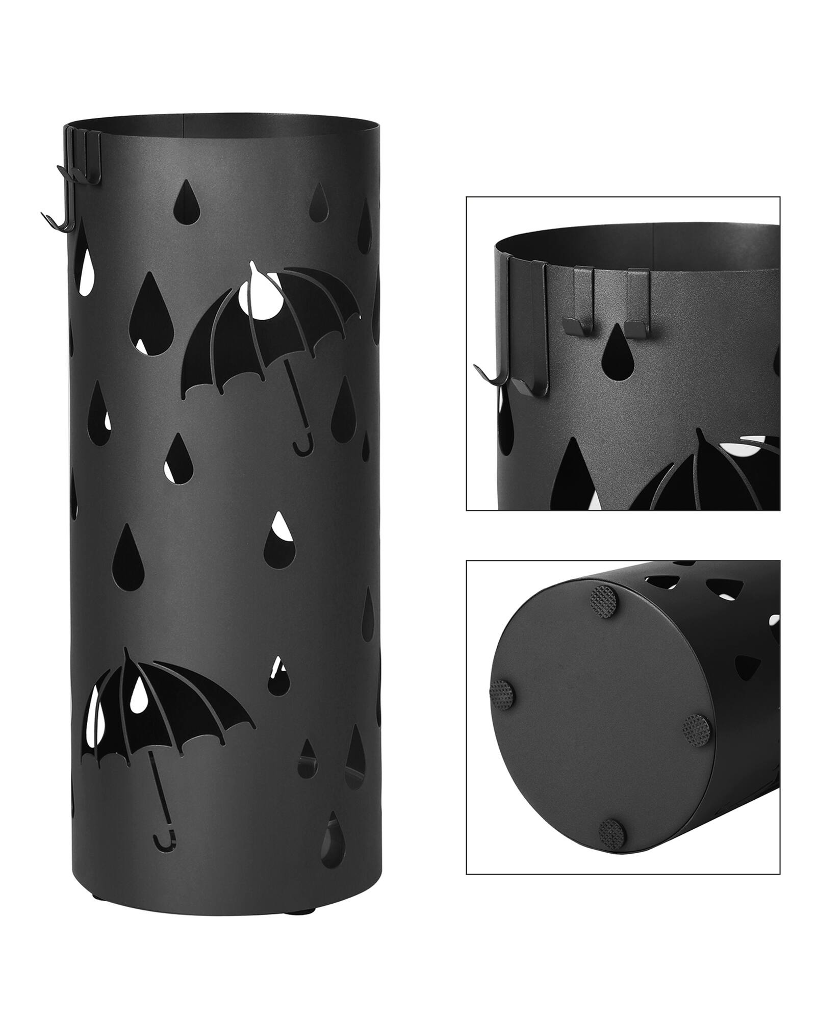 Alt View 1. Songmics Home - Umbrella Stand, Metal Umbrella Holder for Entryway, with Water Tray and 4 Hooks, 7.7 x 7.7 x 19.3 Inches, Round - Ink Black.