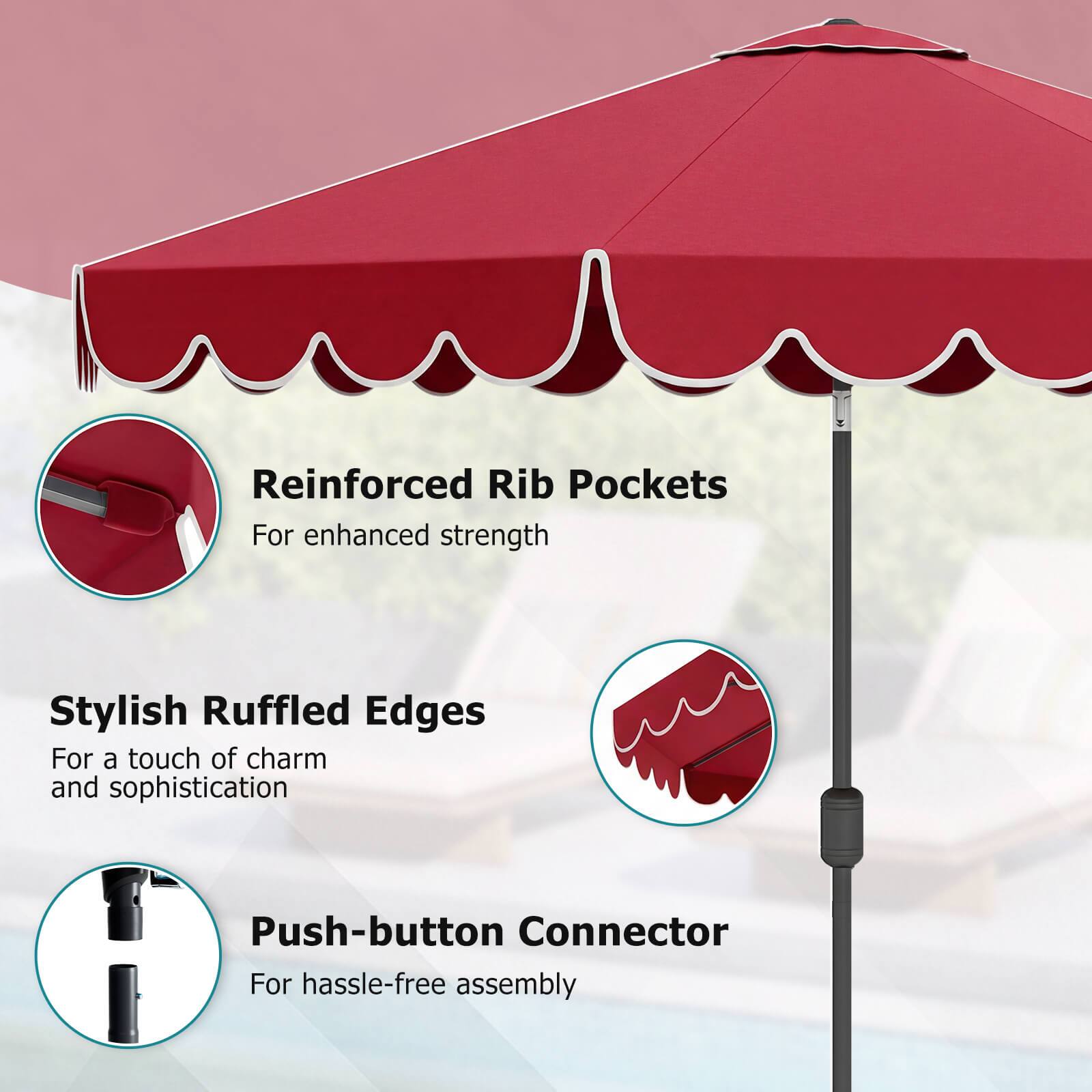 Reinforced Rib Pockets  
For enhanced strength  

Stylish Ruffled Edges  
For a touch of charm and sophistication  

Push-button Connector  
For hassle-free assembly