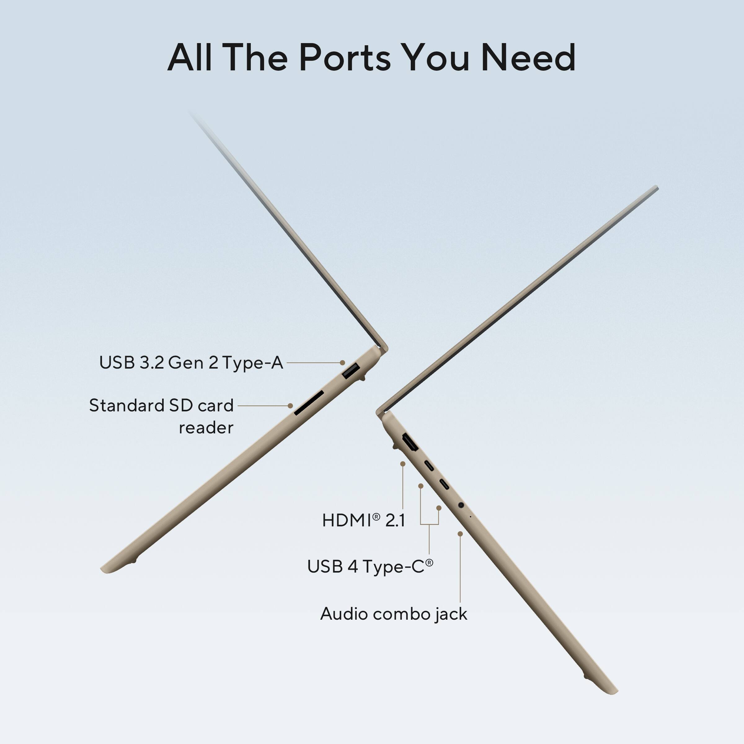 All The Ports You Need

- USB 3.2 Gen 2 Type-A
- Standard SD card reader
- HDMI 2.1
- USB 4 Type-C
- Audio combo jack