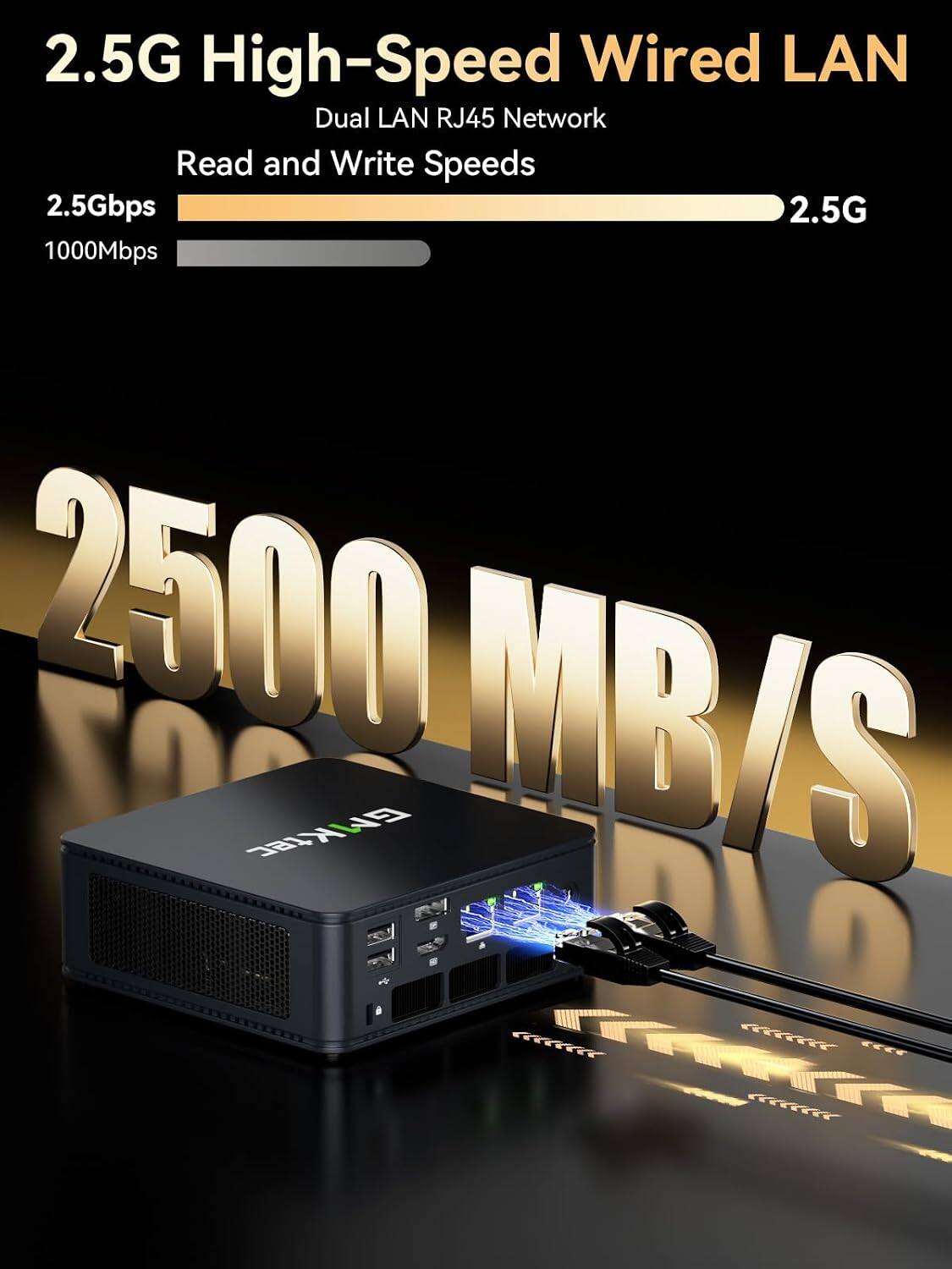 2.5G High-Speed Wired LAN  
Dual LAN RJ45 Network  
Read and Write Speeds  
2.5Gbps  
1000Mbps  
2500 MB/S  
GMKtec DIO