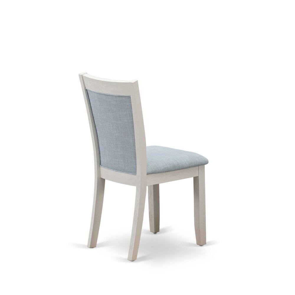 Back. East West Furniture - MZC0T15 Dining Room Chairs Set of 2 - Baby Blue Linen Fabric Seat and High Chair Back -Wire Brushed Linen White Finish - Wire Brush Linen White.