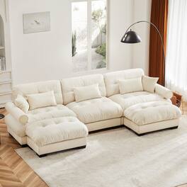 Ropilly - U Shaped Sectional Sofa, Cream Velvet Modular Sectional Sofa with Two Movable Ottomans - Cream
