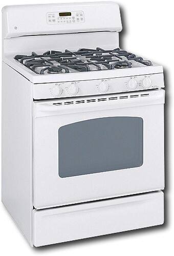 Angle Standard. GE - 30" Self-Cleaning Freestanding Gas Range - White-on-White.