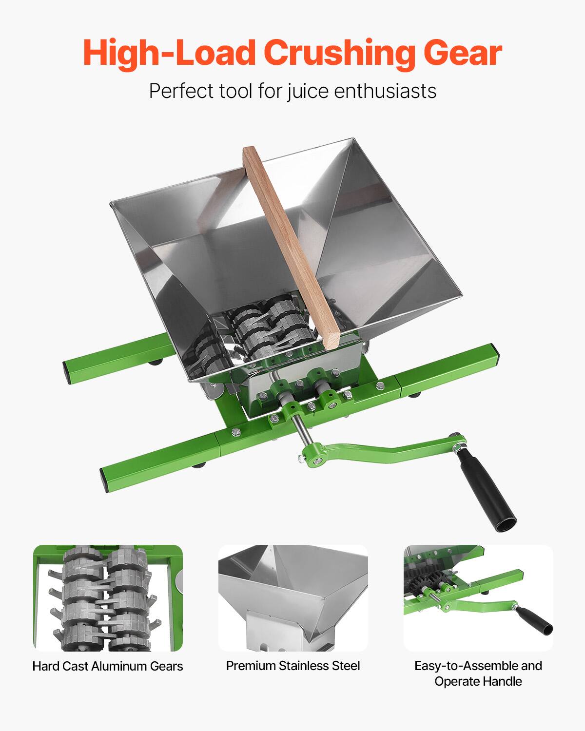 High-Load Crushing Gear  
Perfect tool for juice enthusiasts  

- Hard Cast Aluminum Gears  
- Premium Stainless Steel  
- Easy-to-Assemble and Operate Handle