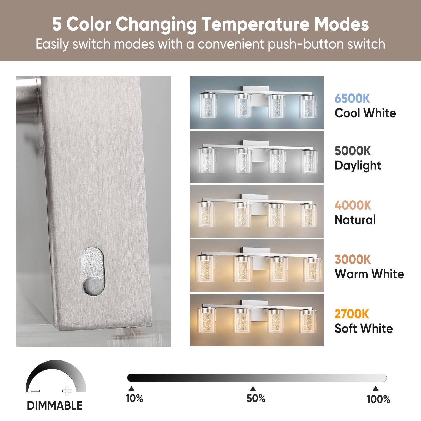 5 Color Changing Temperature Modes  
Easily switch modes with a convenient push-button switch  

6500K Cool White  
5000K Daylight  
4000K Natural  
3000K Warm White  
2700K Soft White  

DIMMABLE  
10%  
50%  
100%
