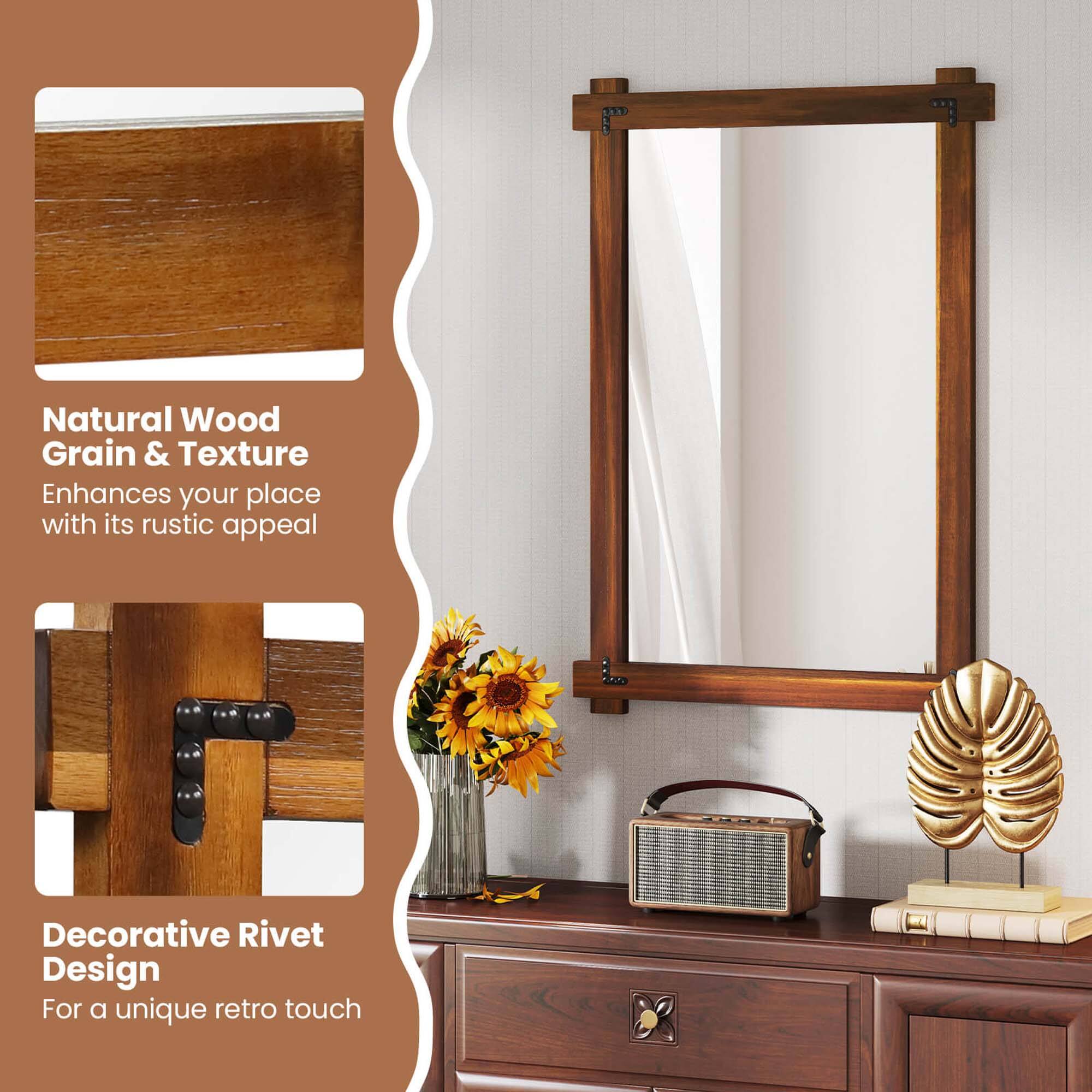 The image features a mirror with a wooden frame, placed on a wooden dresser. The mirror is accompanied by a radio and a vase with flowers, creating a cozy and inviting atmosphere. The text on the image describes the natural wood grain and texture, which adds a rustic appeal to the space. Additionally, the decorative rivet design adds a unique retro touch to the overall decor.
